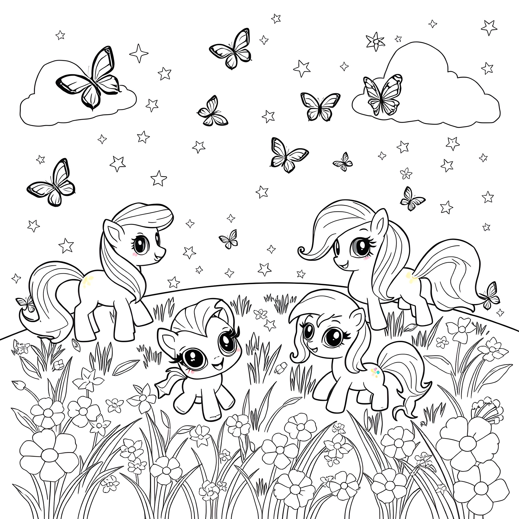 Animal Ponies Frolicking with Butterflies in Enchanted Forest Coloring Page (free black-and-white line drawing printable PDF for all, from beginners to advanced learners, including children, teens, adults, and seniors)