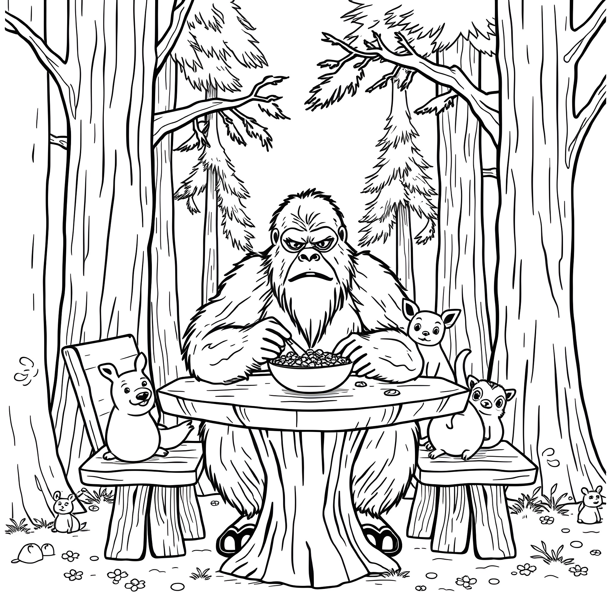 Bigfoot dining with forest creatures Coloring Page (free black-and-white line drawing printable PDF for all, from beginners to advanced learners, including children, teens, adults, and seniors)