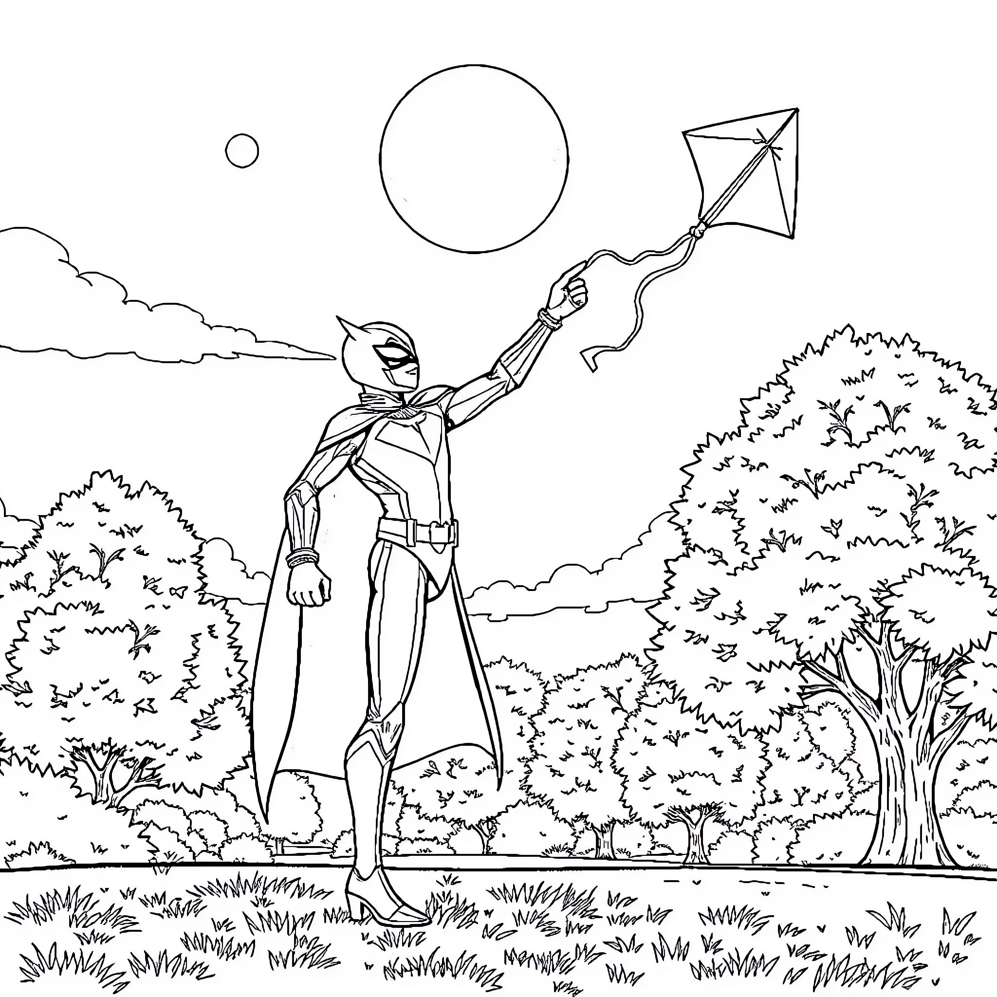 Moon Knight soaring with a kite through the wilderness Coloring Page (free black-and-white line drawing printable PDF for all, from beginners to advanced learners, including children, teens, adults, and seniors)