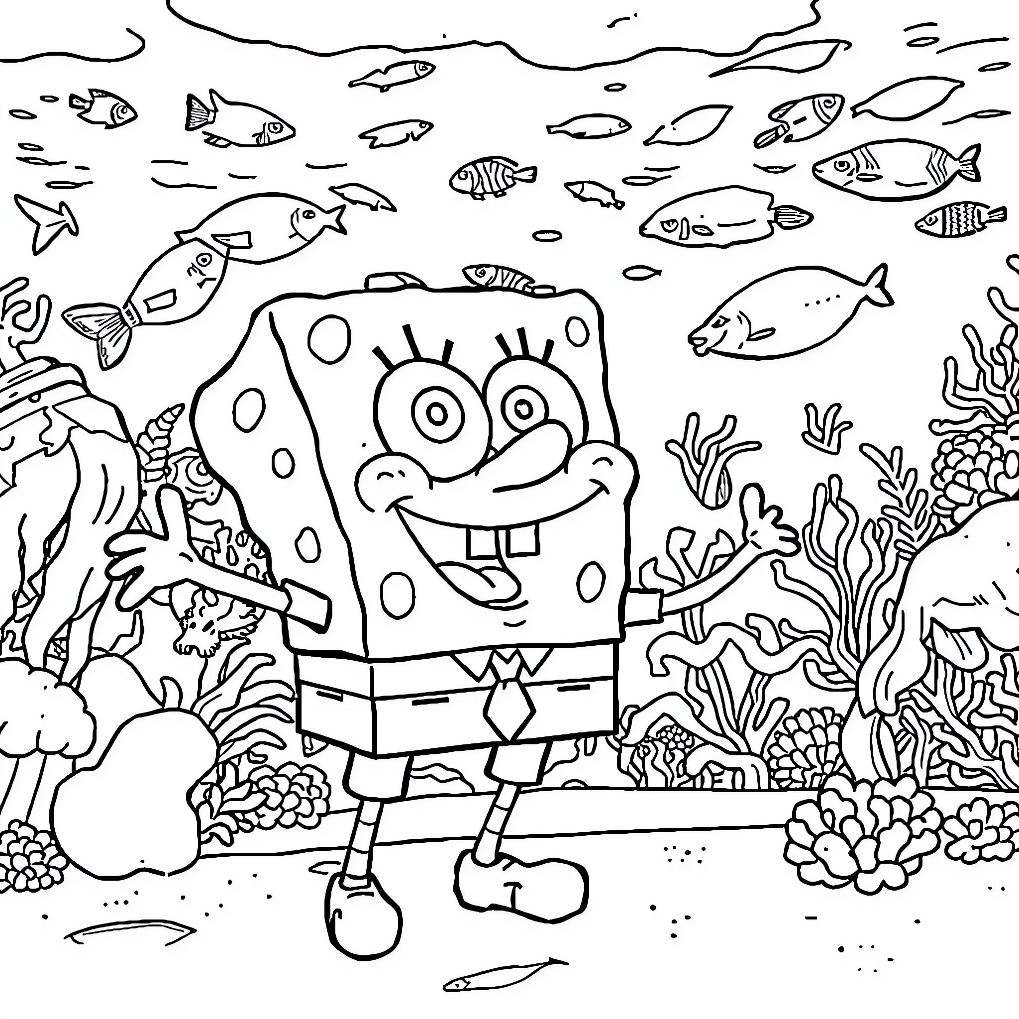 Spongebob explores the underwater world with marine life Coloring Page (free black-and-white line drawing printable PDF for all, from beginners to advanced learners, including children, teens, adults, and seniors)