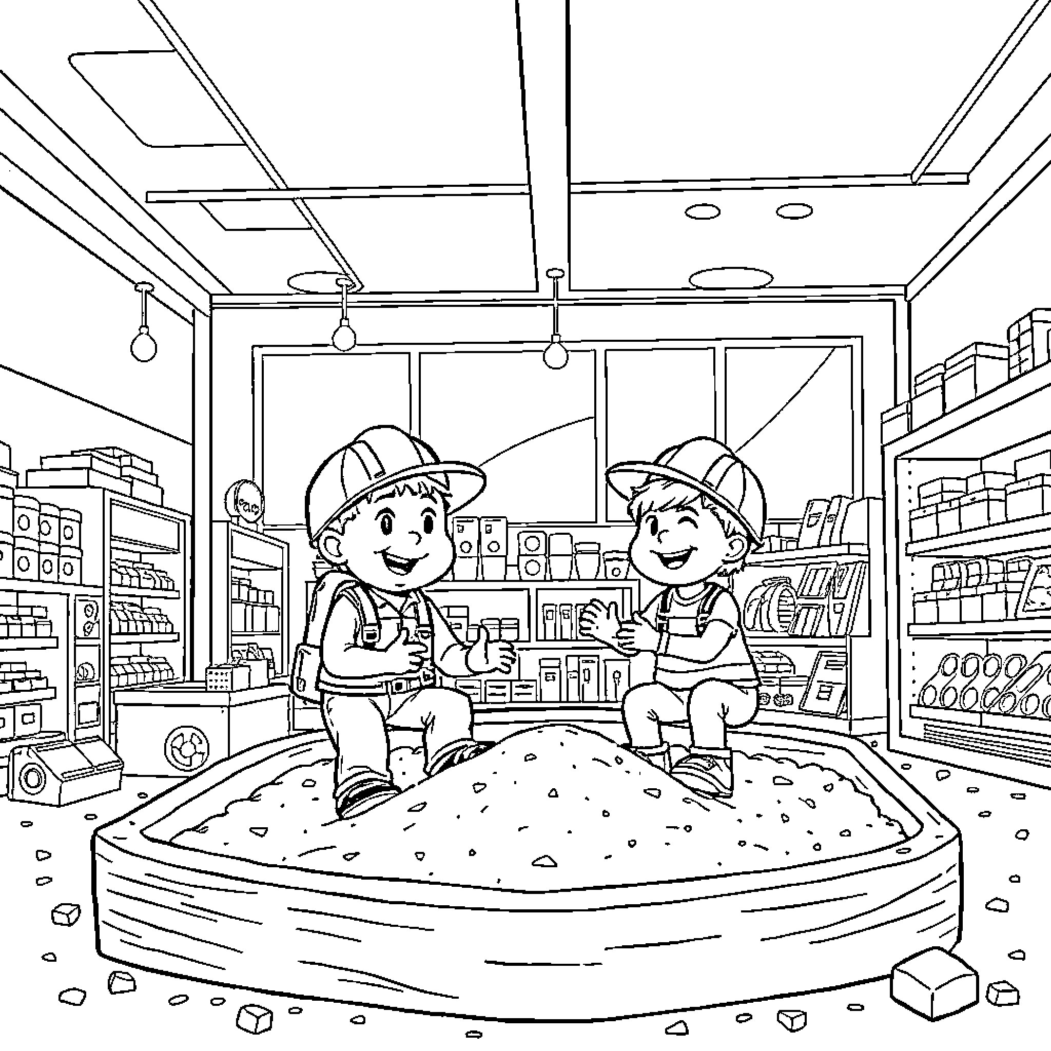 Builder workers constructing a project in a warehouse Coloring Page (free black-and-white line drawing printable PDF for all, from beginners to advanced learners, including children, teens, adults, and seniors)