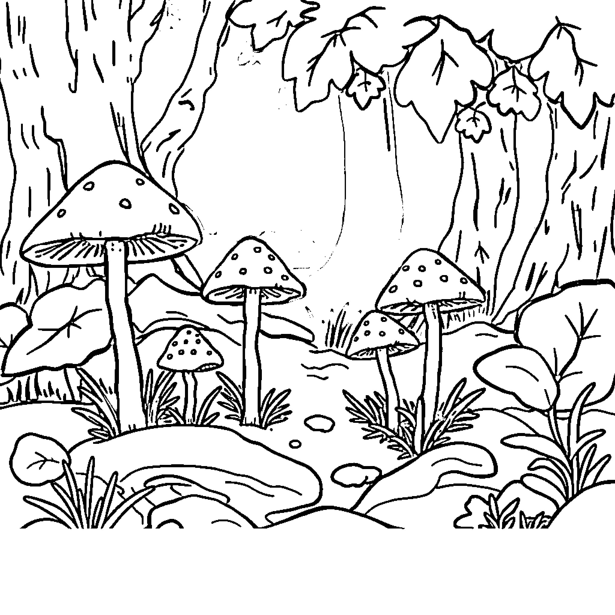Mushroom Forest Scene with Whimsical Fungi Coloring Page (free black-and-white line drawing printable PDF for all, from beginners to advanced learners, including children, teens, adults, and seniors)