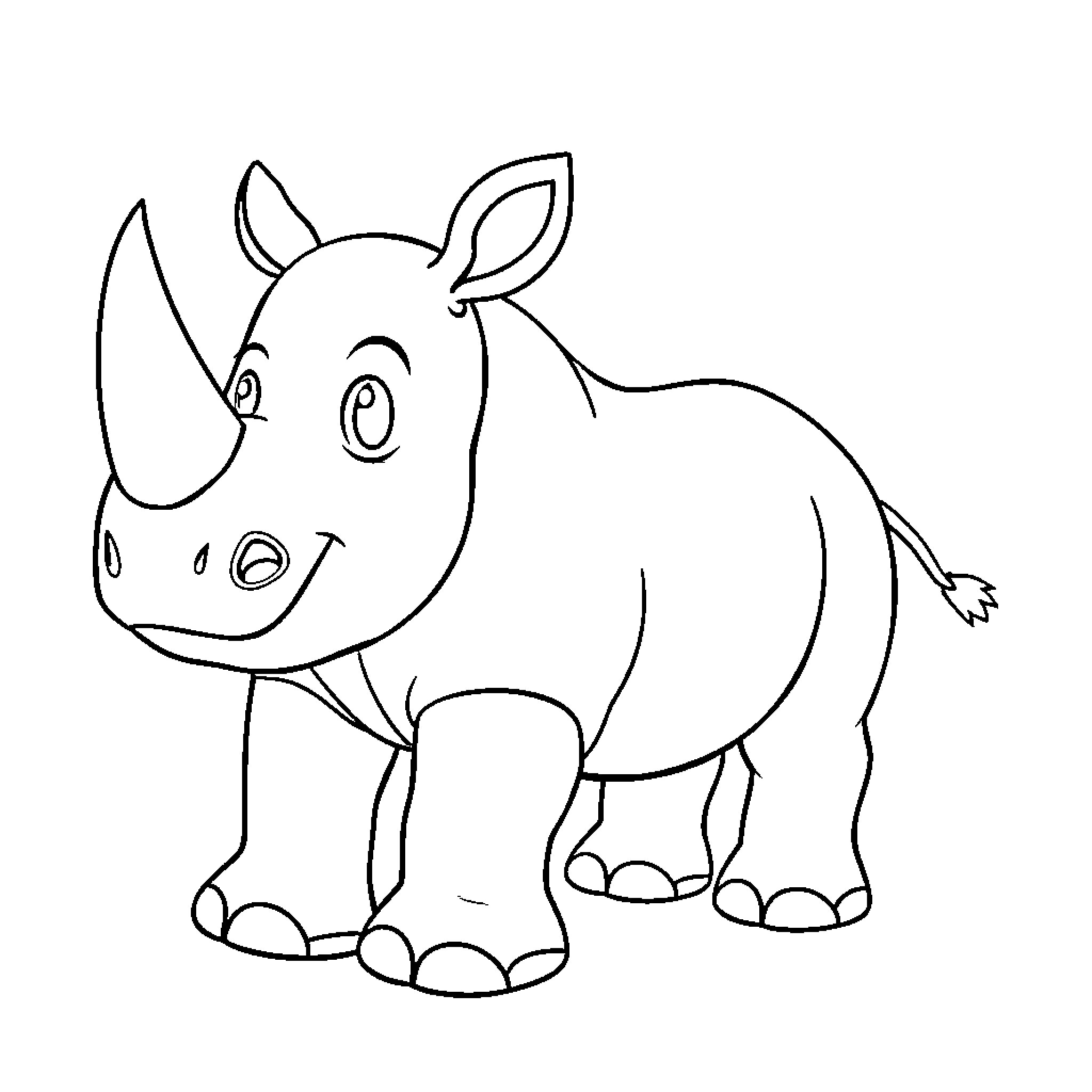 Rhinoceros standing happily Coloring Page (free black-and-white line drawing printable PDF for all, from beginners to advanced learners, including children, teens, adults, and seniors)