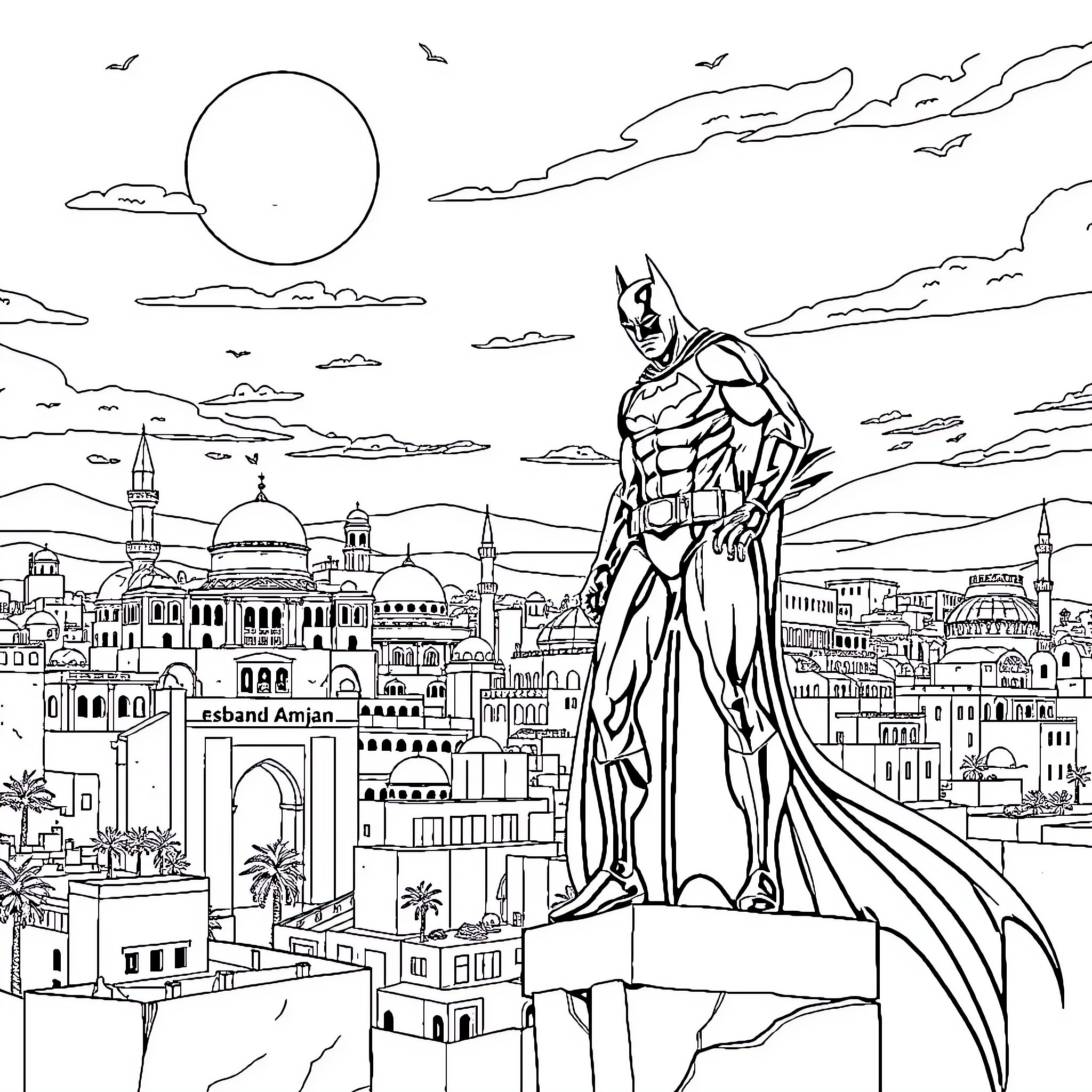 Batman overlooking a vibrant city skyline Coloring Page (free black-and-white line drawing printable PDF for all, from beginners to advanced learners, including children, teens, adults, and seniors)