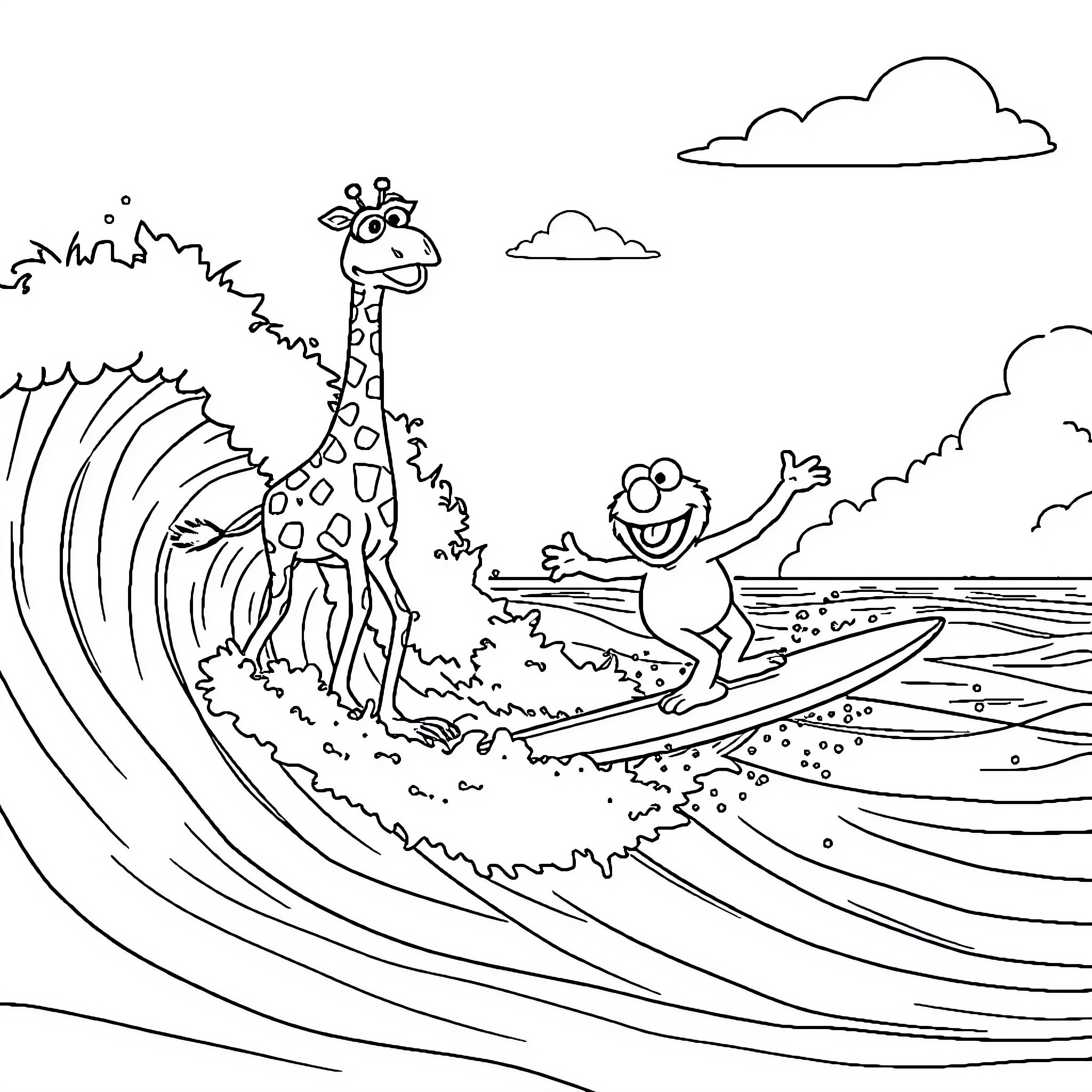 Elmo and Giraffe Surfing Waves Together Coloring Page (free black-and-white line drawing printable PDF for all, from beginners to advanced learners, including children, teens, adults, and seniors)