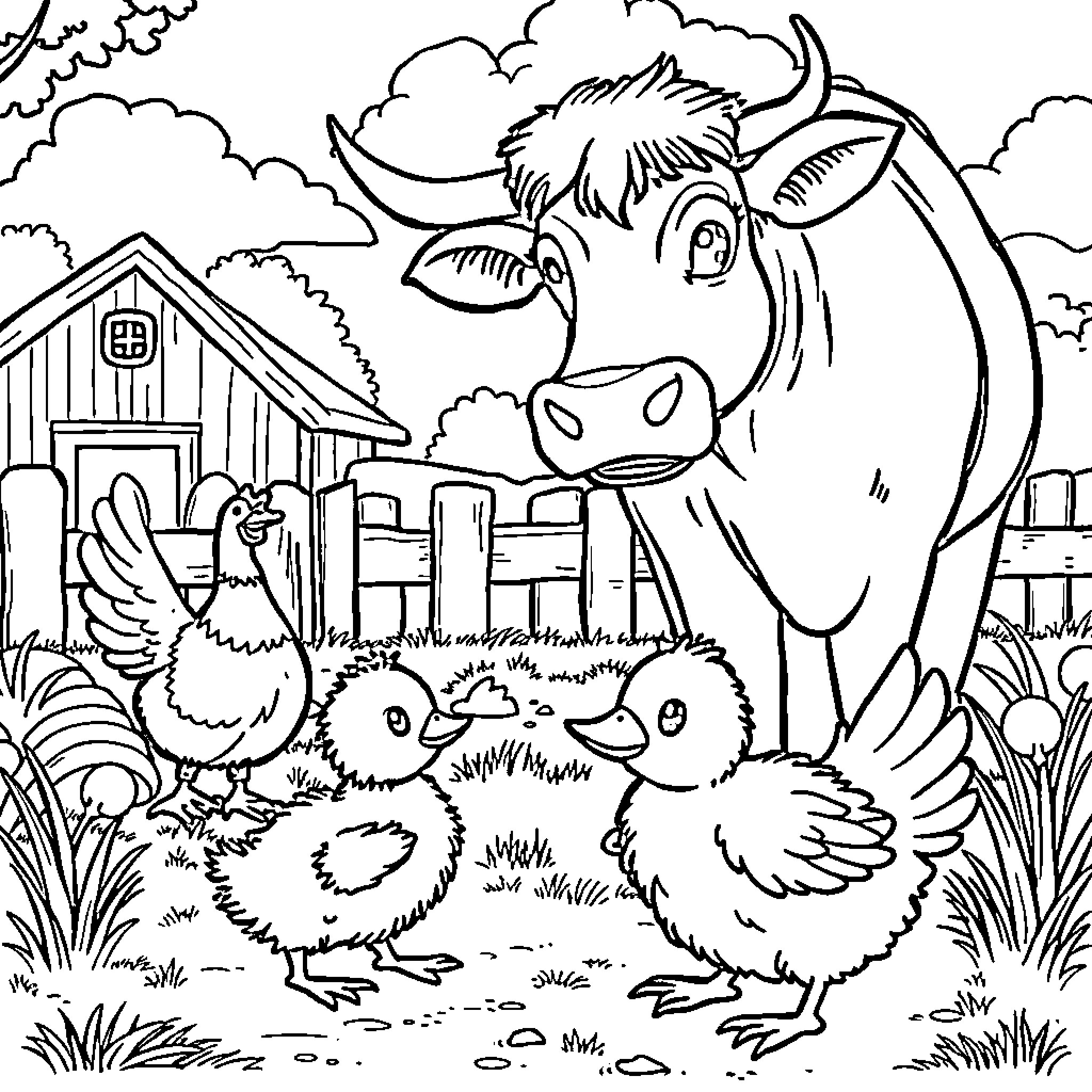 Duckling and chickens on a farm with a cow Coloring Page (free black-and-white line drawing printable PDF for all, from beginners to advanced learners, including children, teens, adults, and seniors)