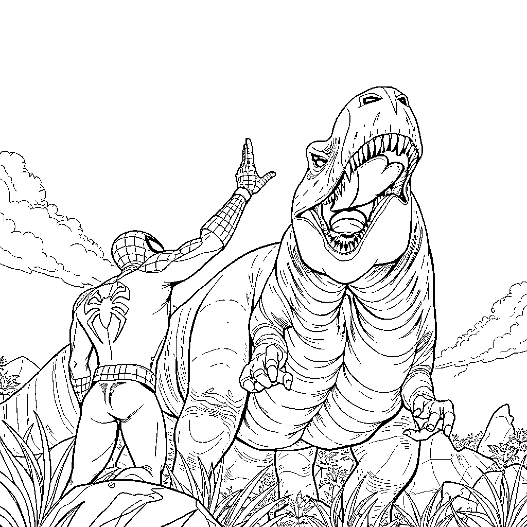 Spider-Man battles a giant dinosaur in the wild Coloring Page (free black-and-white line drawing printable PDF for all, from beginners to advanced learners, including children, teens, adults, and seniors)