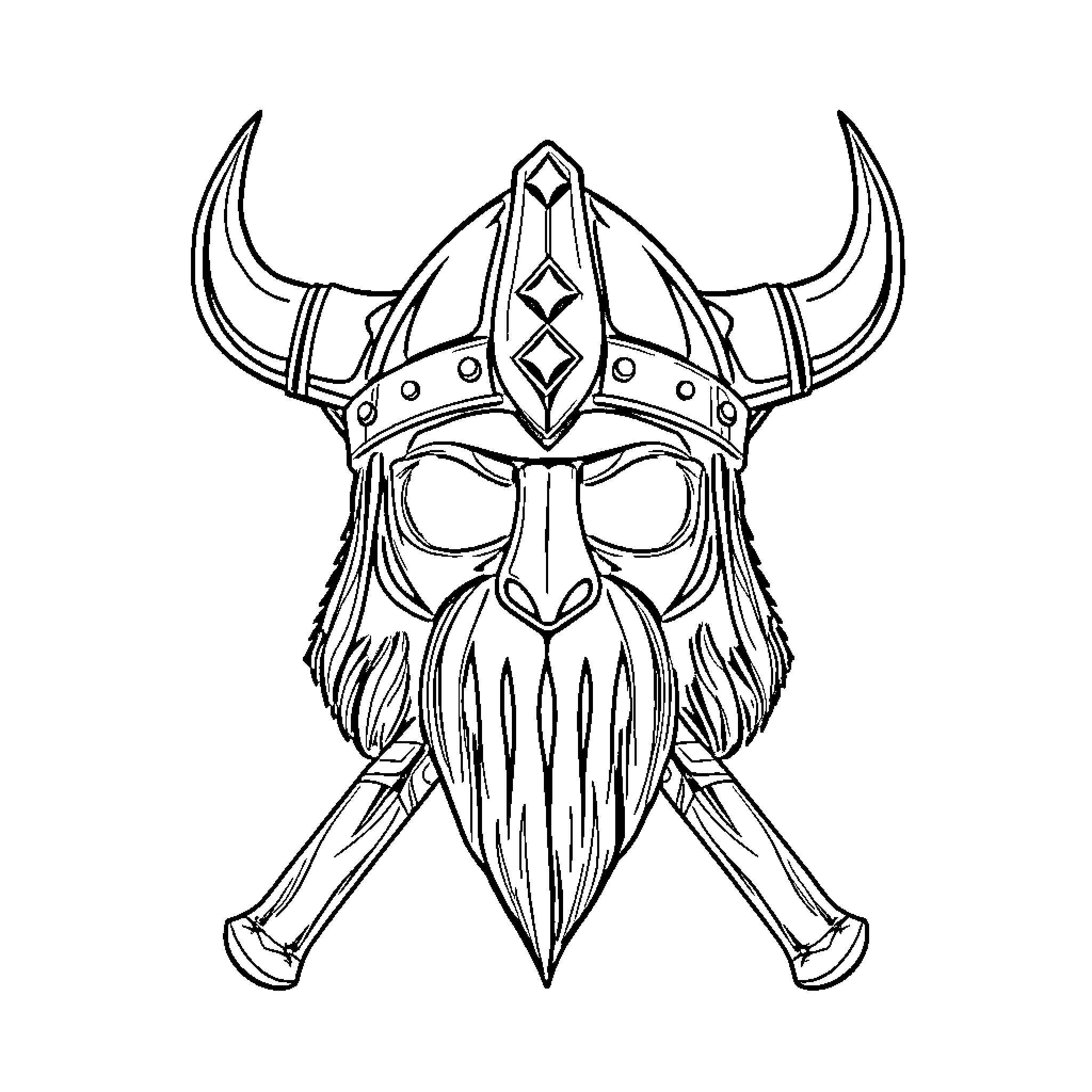 Viking Helmet with Warrior's Mask and Crossed Swords Coloring Page (free black-and-white line drawing printable PDF for all, from beginners to advanced learners, including children, teens, adults, and seniors)