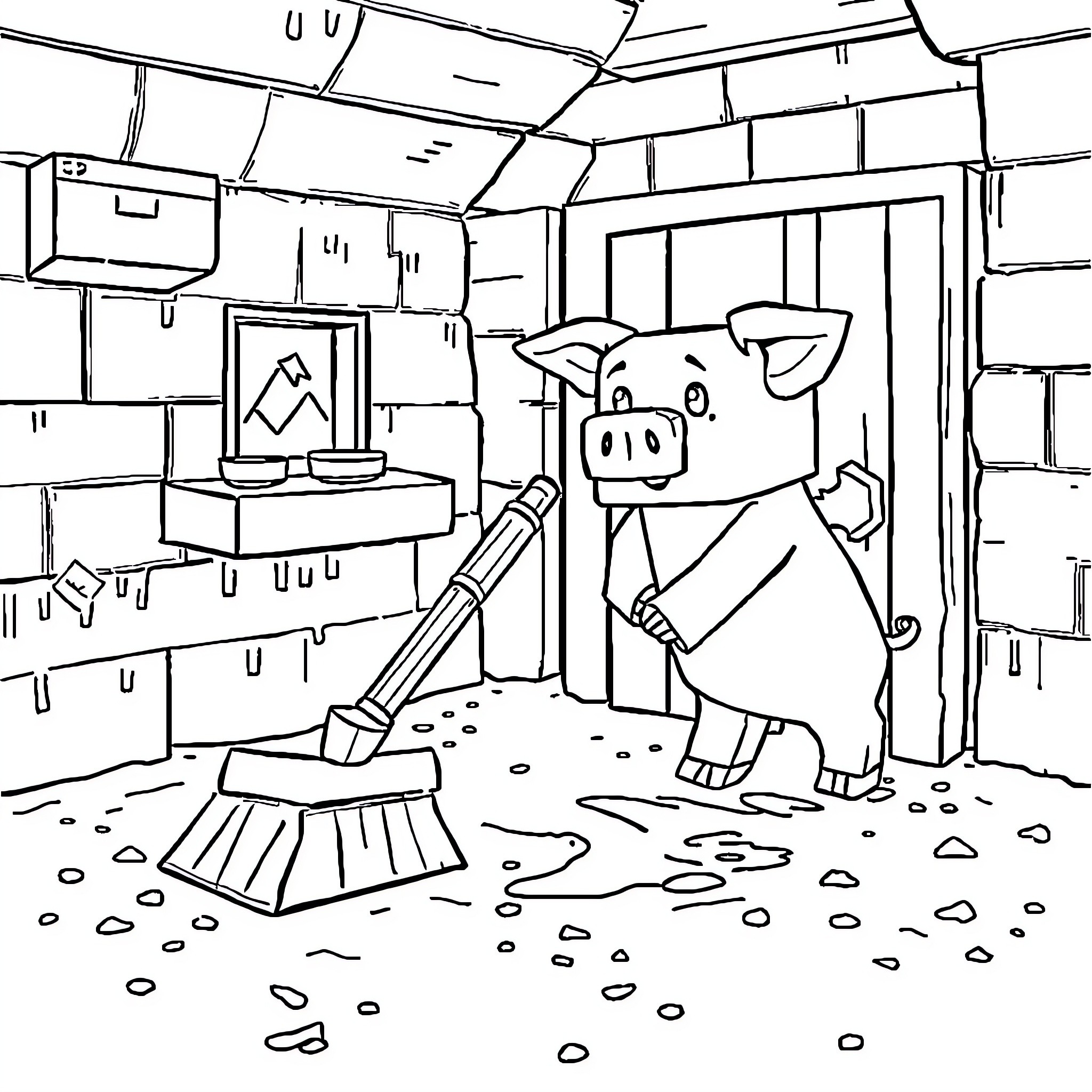 Piglan the Pig's Cleaning Adventure Coloring Page (free black-and-white line drawing printable PDF for all, from beginners to advanced learners, including children, teens, adults, and seniors)