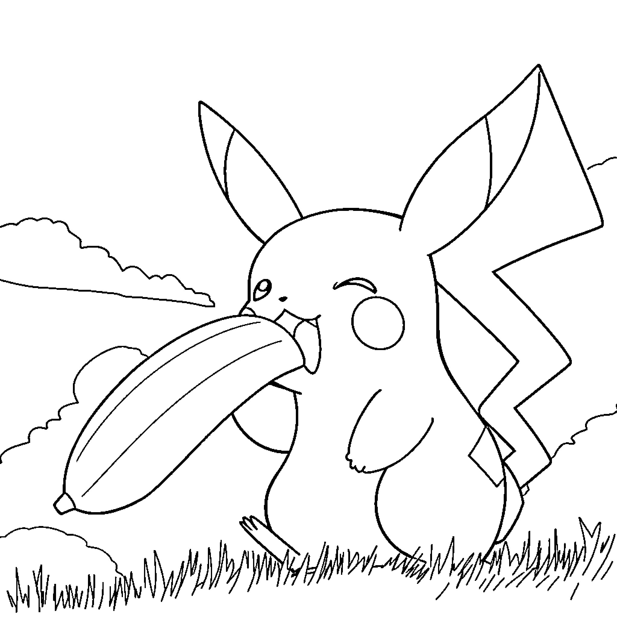 Pikachu enjoying the outdoors Coloring Page (free black-and-white line drawing printable PDF for all, from beginners to advanced learners, including children, teens, adults, and seniors)