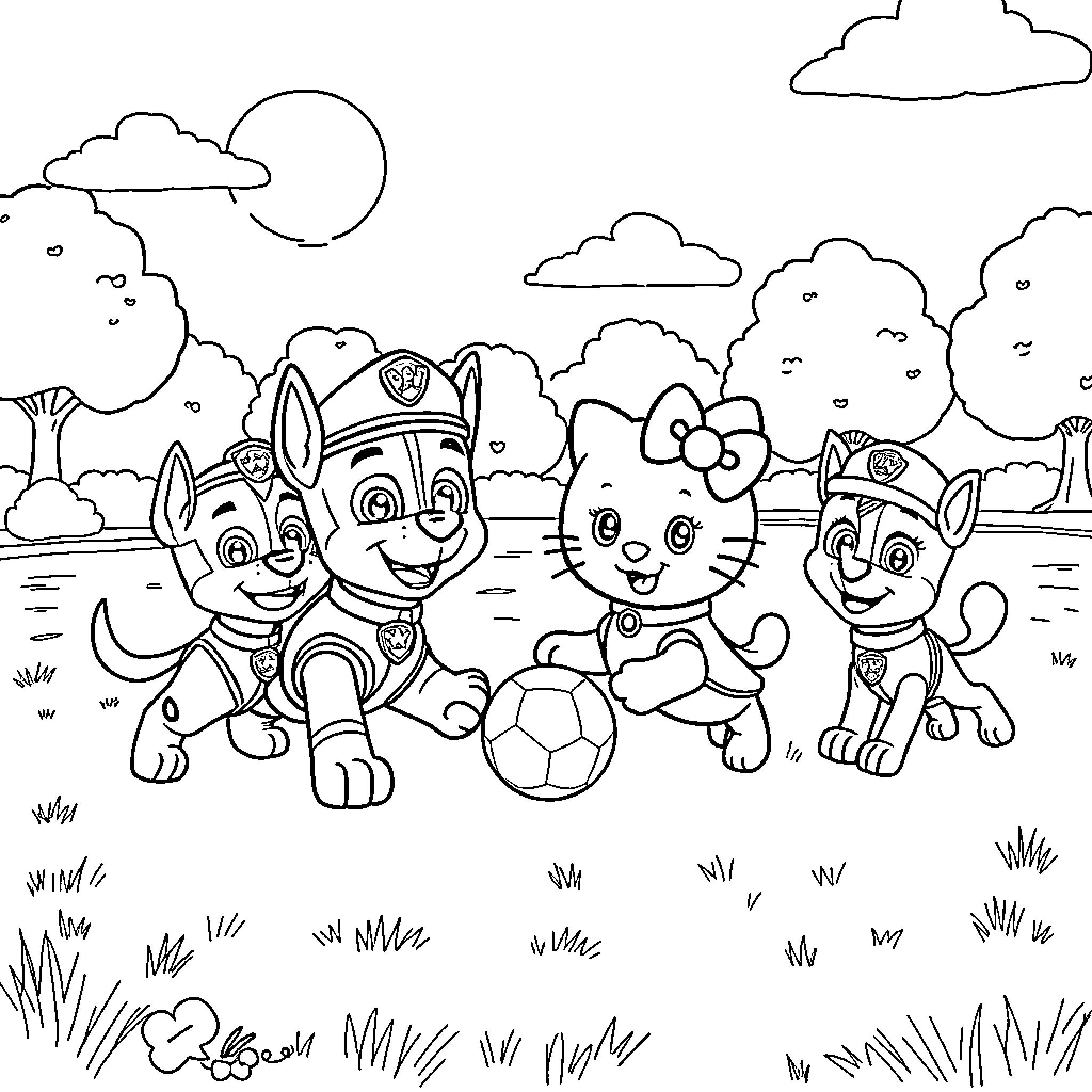 Paw Patrol Characters Playing Soccer Outdoors Coloring Page (free black-and-white line drawing printable PDF for all, from beginners to advanced learners, including children, teens, adults, and seniors)