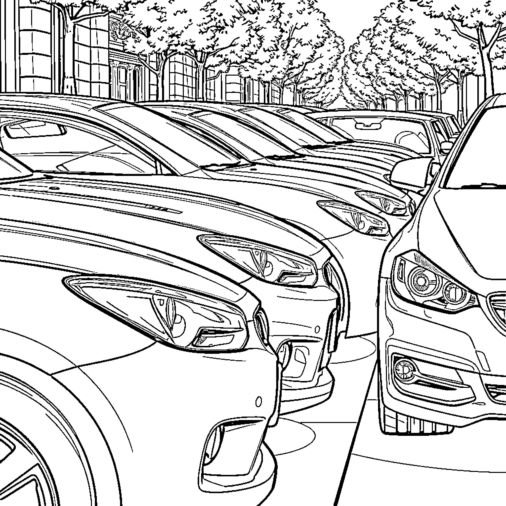 Cars parked on a tree-lined city street Coloring Page (free black-and-white line drawing printable PDF for all, from beginners to advanced learners, including children, teens, adults, and seniors)