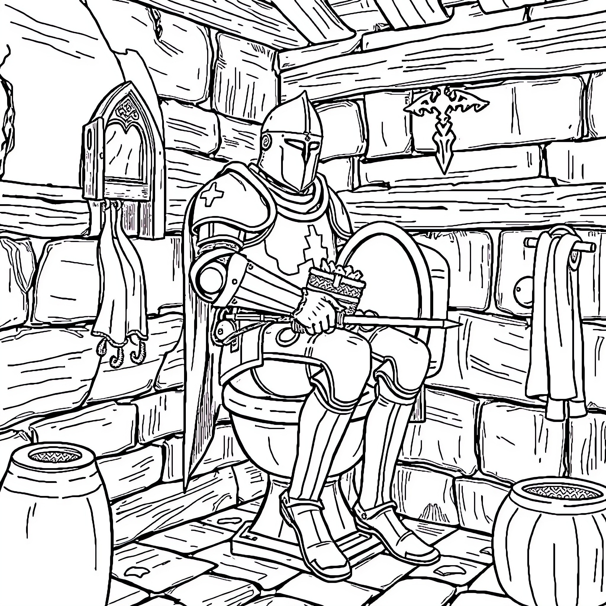 Knight preparing for battle in a medieval armory Coloring Page (free black-and-white line drawing printable PDF for all, from beginners to advanced learners, including children, teens, adults, and seniors)