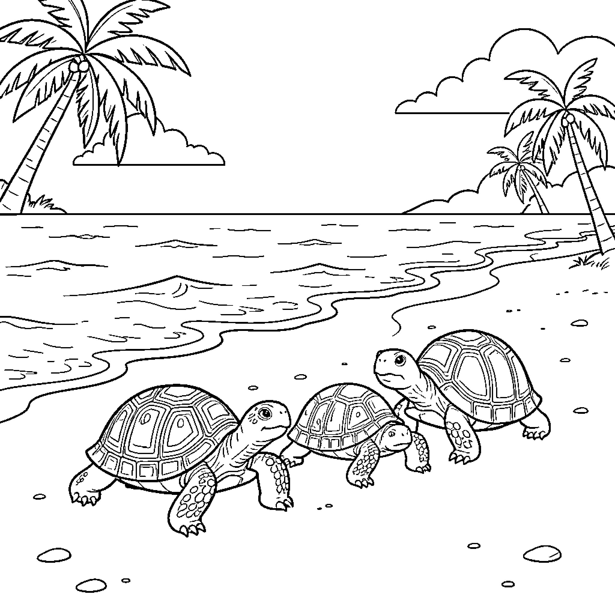 Turtle group walking along the sandy beach Coloring Page (free black-and-white line drawing printable PDF for all, from beginners to advanced learners, including children, teens, adults, and seniors)