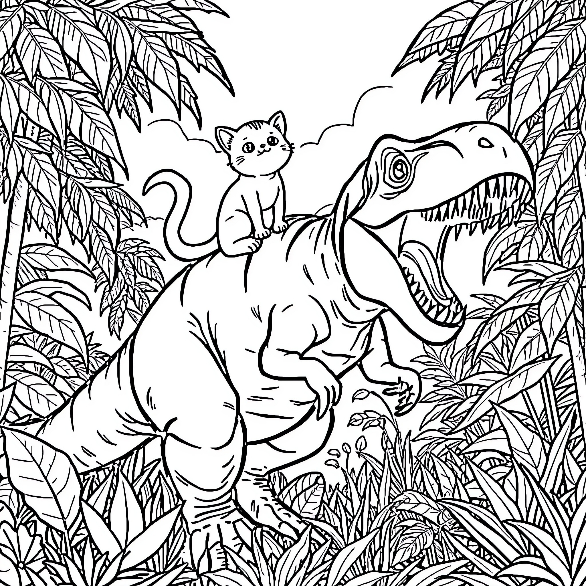 Cat exploring with dinosaur in the jungle Coloring Page (free black-and-white line drawing printable PDF for all, from beginners to advanced learners, including children, teens, adults, and seniors)