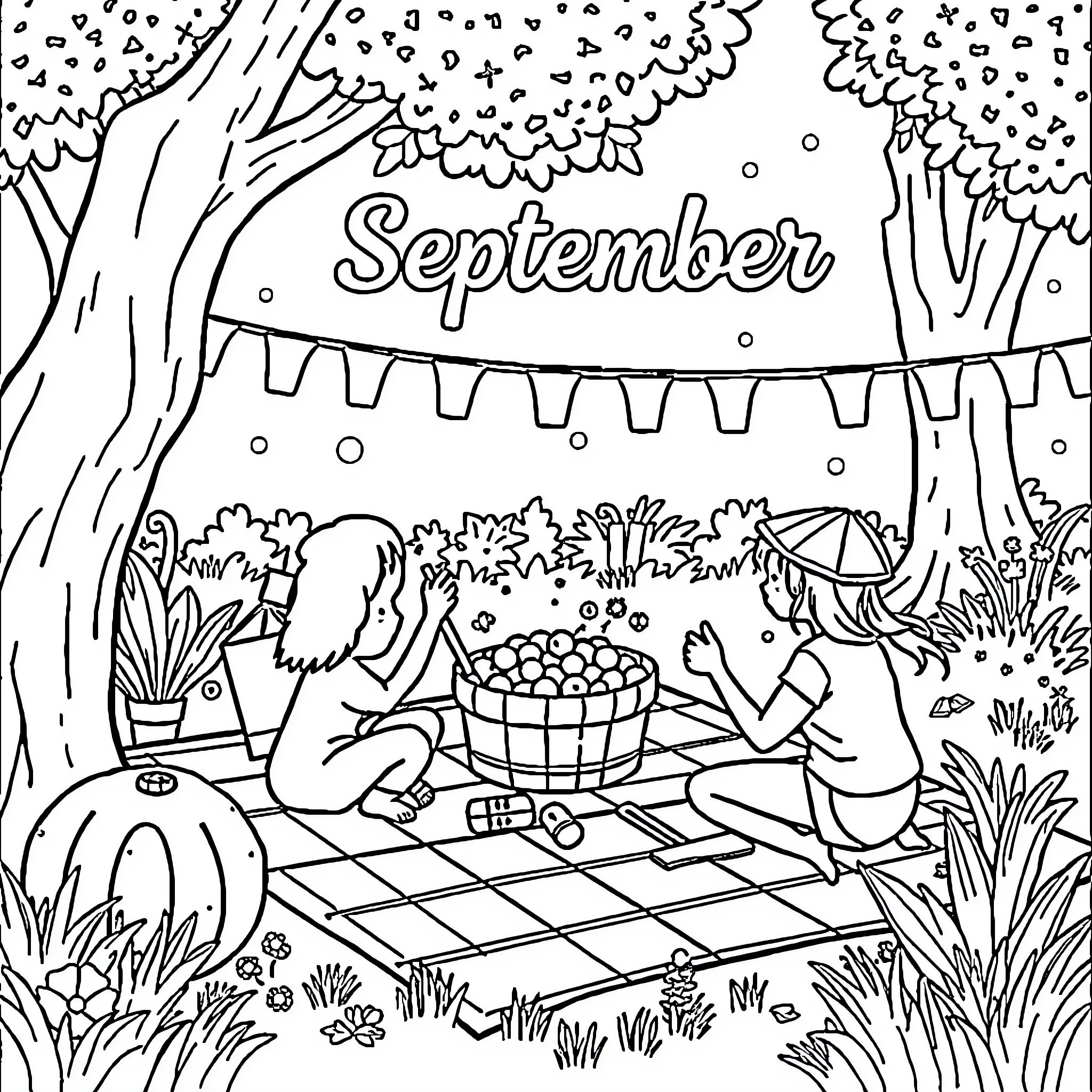 September picnic in the park with balloons Coloring Page (free black-and-white line drawing printable PDF for all, from beginners to advanced learners, including children, teens, adults, and seniors)
