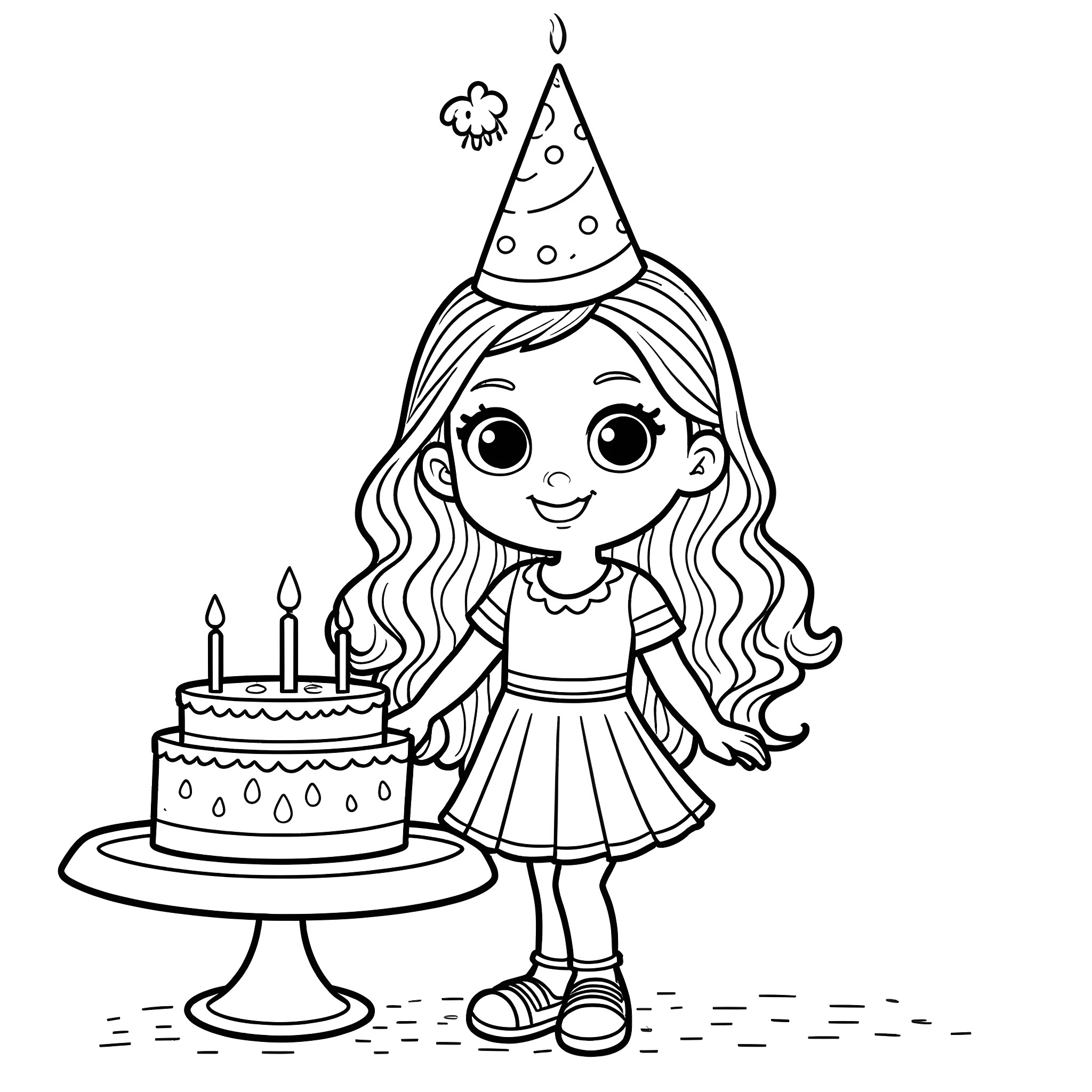 American Girl Doll Celebrating Birthday with Cake Coloring Page (free black-and-white line drawing printable PDF for all, from beginners to advanced learners, including children, teens, adults, and seniors)