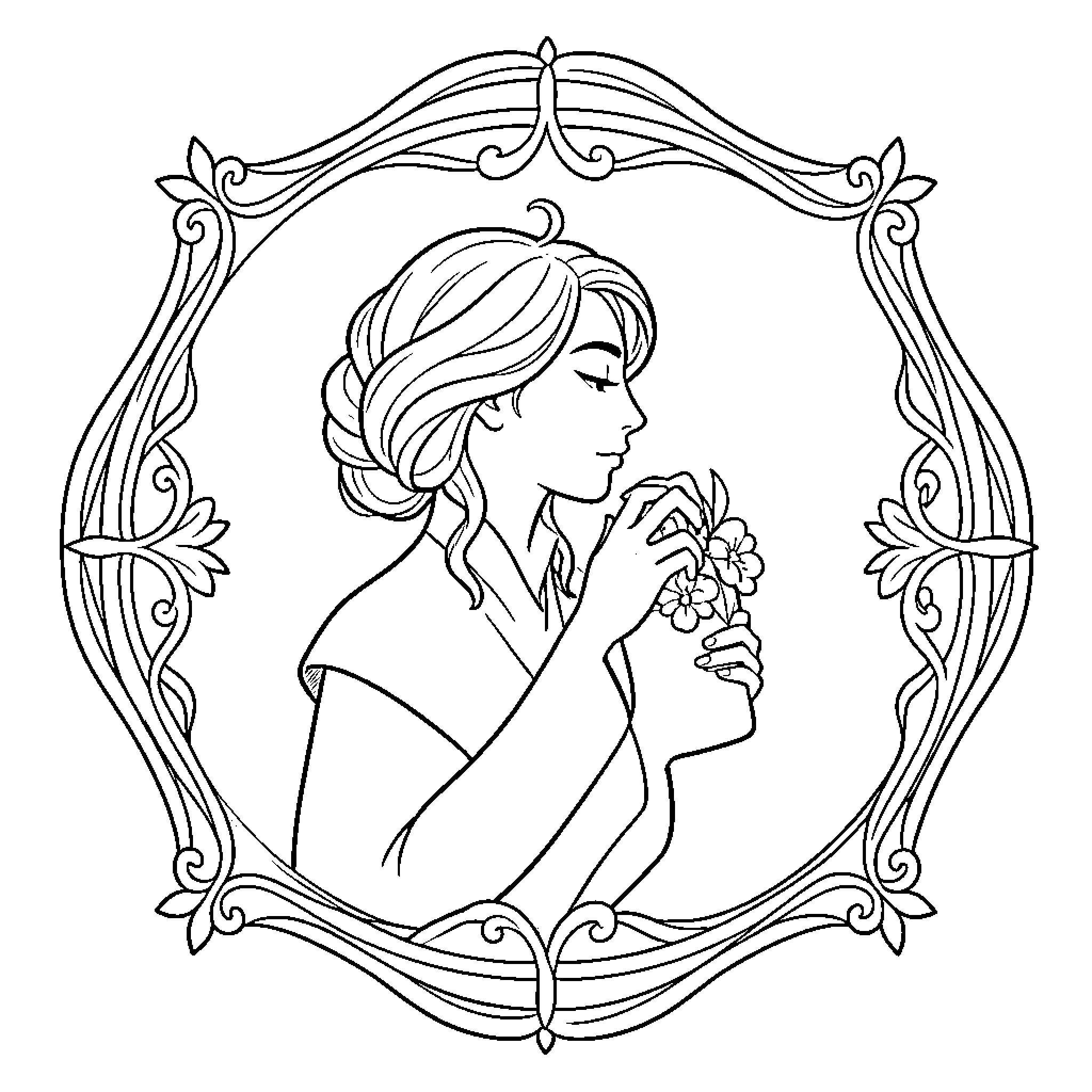 Korou Art woman admiring flowers within an ornate frame Coloring Page (free black-and-white line drawing printable PDF for all, from beginners to advanced learners, including children, teens, adults, and seniors)