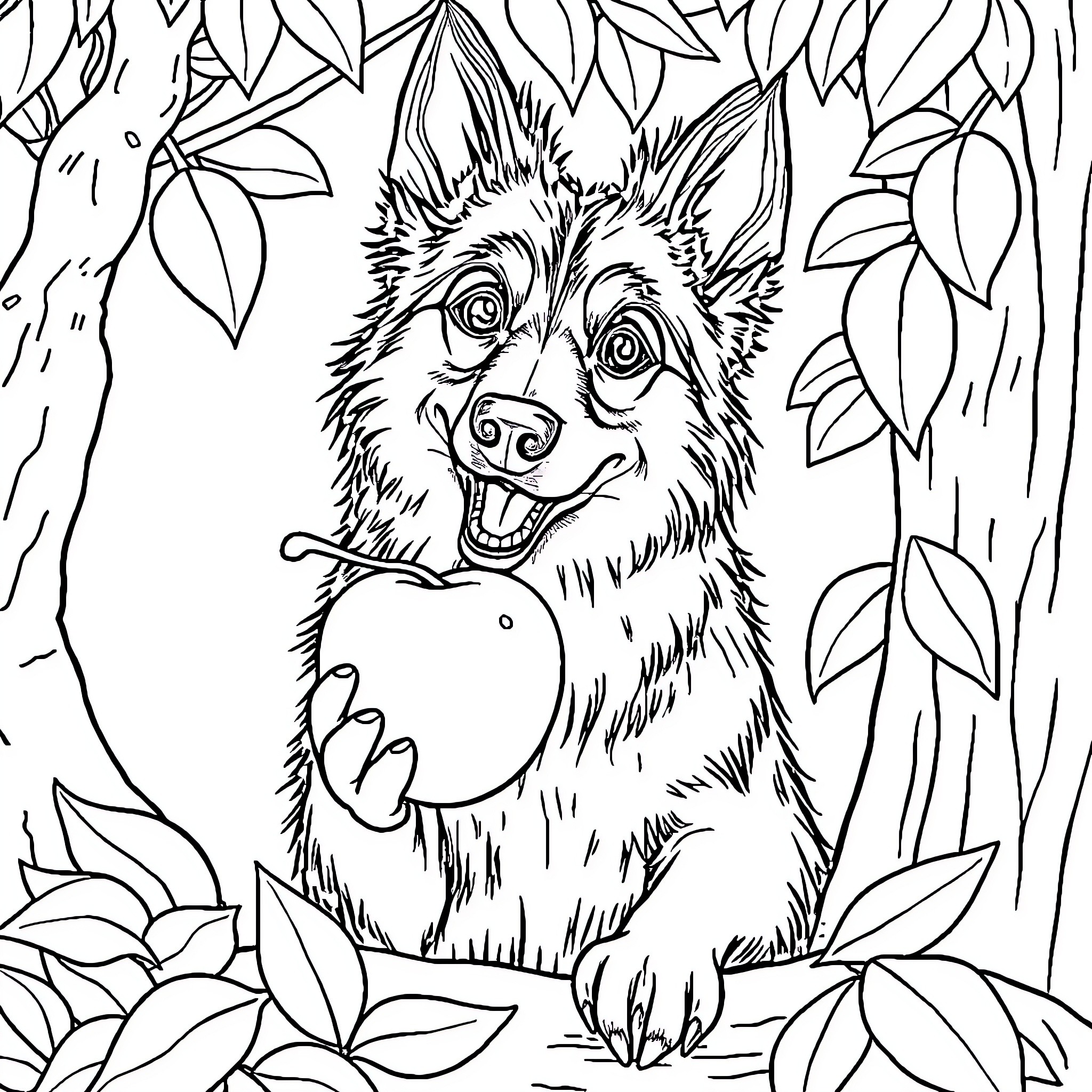 Dog playing happily in the forest Coloring Page (free black-and-white line drawing printable PDF for all, from beginners to advanced learners, including children, teens, adults, and seniors)