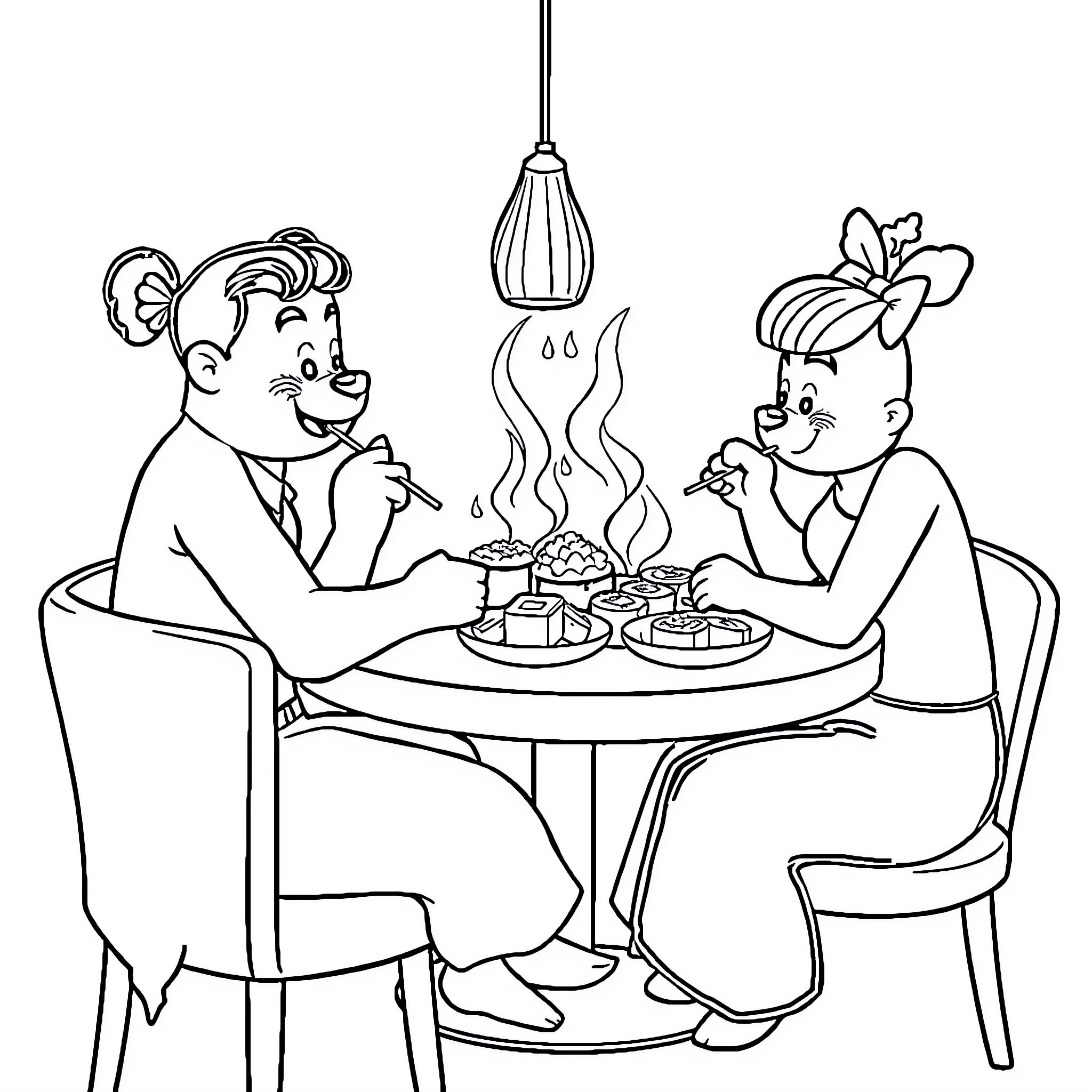Dwarfs Enjoying a Delightful Meal Together Coloring Page (free black-and-white line drawing printable PDF for all, from beginners to advanced learners, including children, teens, adults, and seniors)