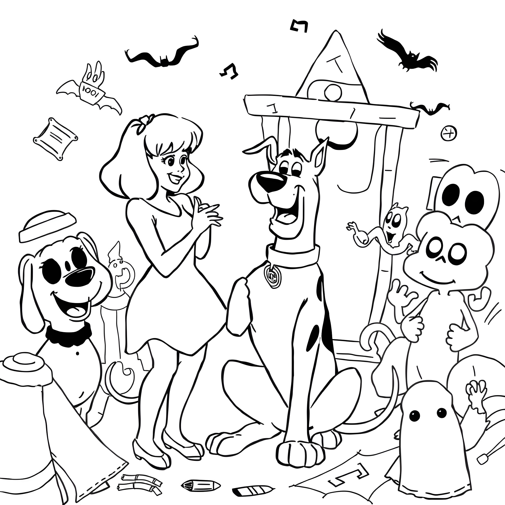 Scooby Doo and friends on a spooky adventure Coloring Page (free black-and-white line drawing printable PDF for all, from beginners to advanced learners, including children, teens, adults, and seniors)