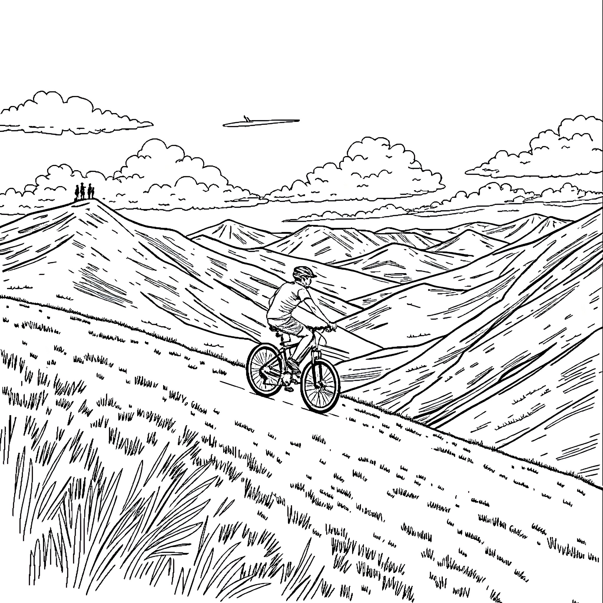 Bicycle journey through rugged mountain landscape Coloring Page (free black-and-white line drawing printable PDF for all, from beginners to advanced learners, including children, teens, adults, and seniors)