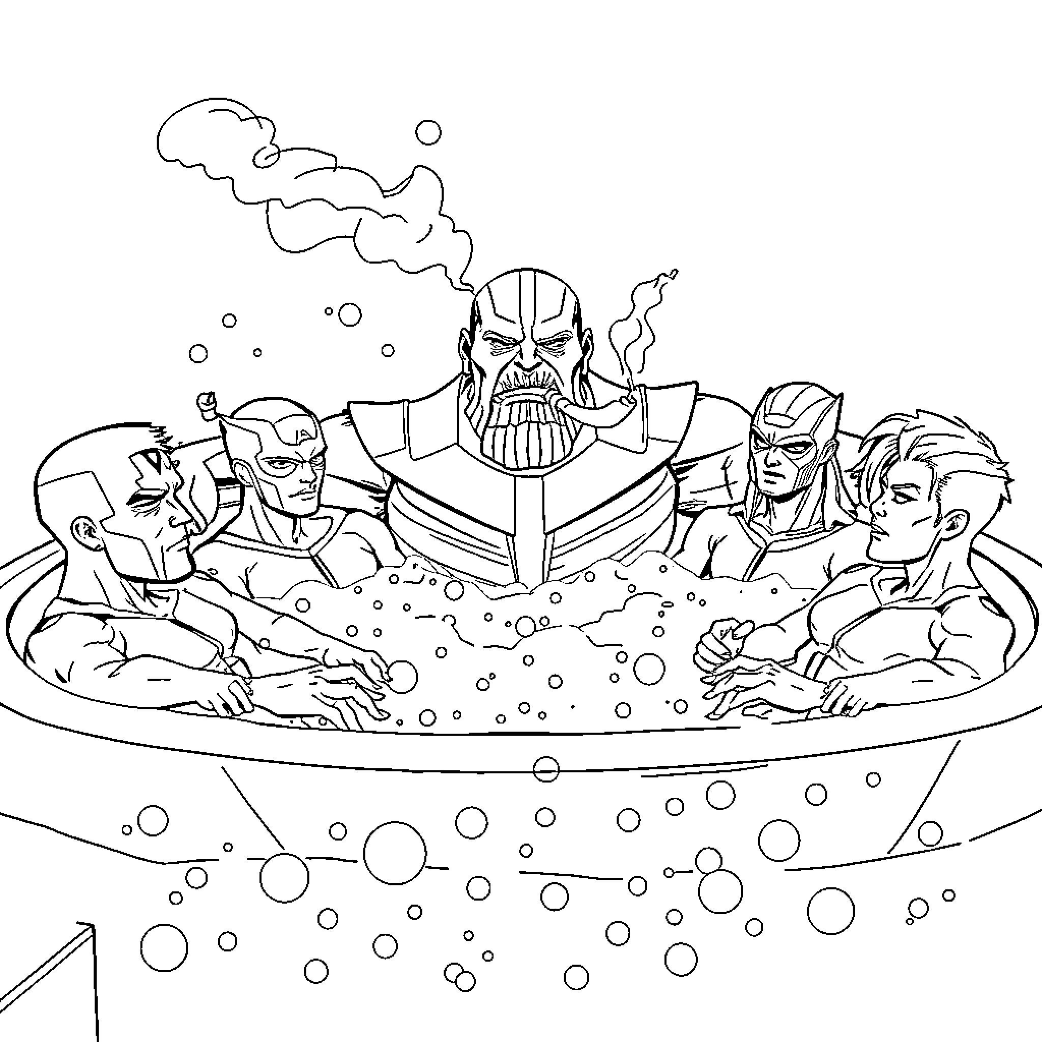 Avenger heroes battling a powerful villain Coloring Page (free black-and-white line drawing printable PDF for all, from beginners to advanced learners, including children, teens, adults, and seniors)