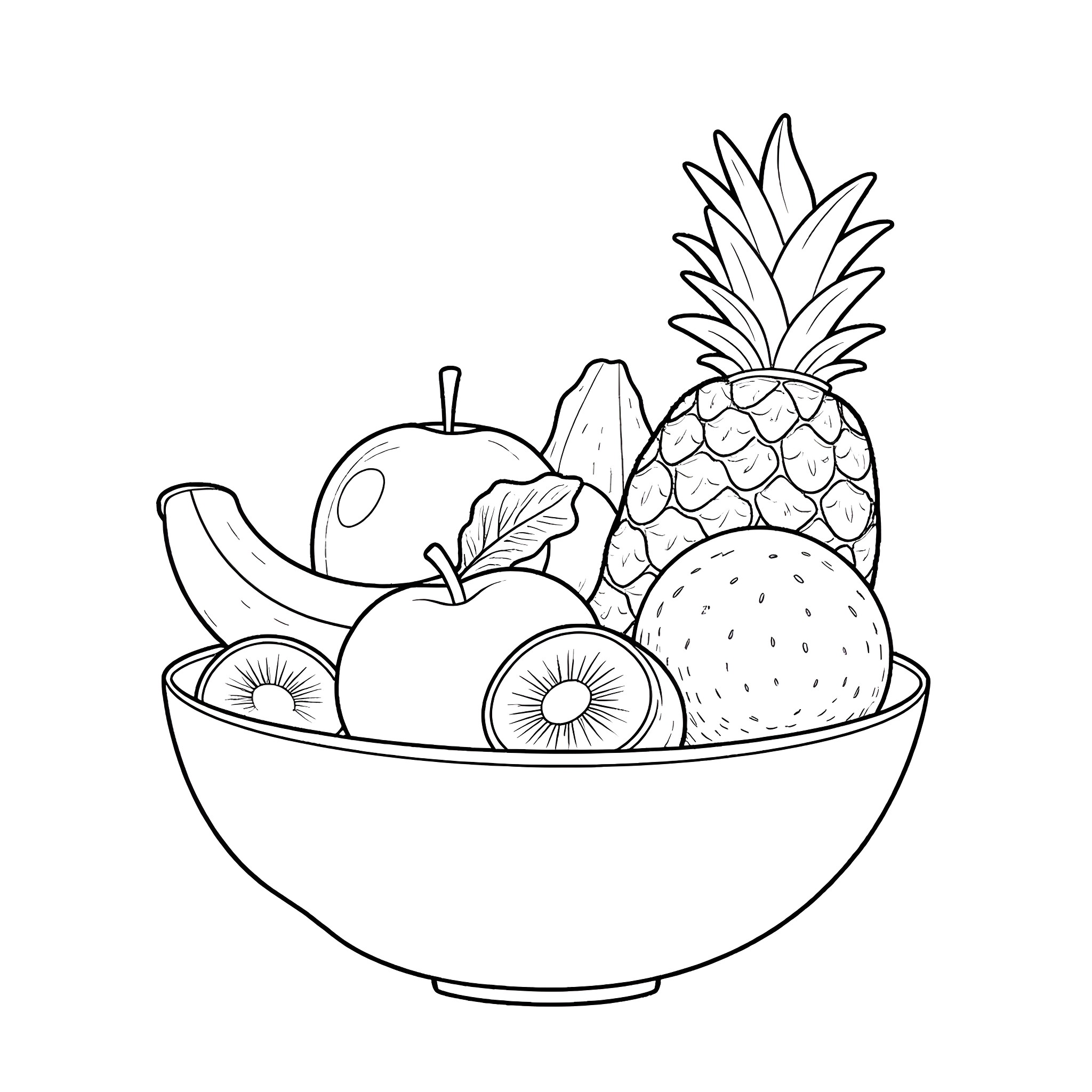 Fruit bowl filled with fresh produce Coloring Page (free black-and-white line drawing printable PDF for all, from beginners to advanced learners, including children, teens, adults, and seniors)