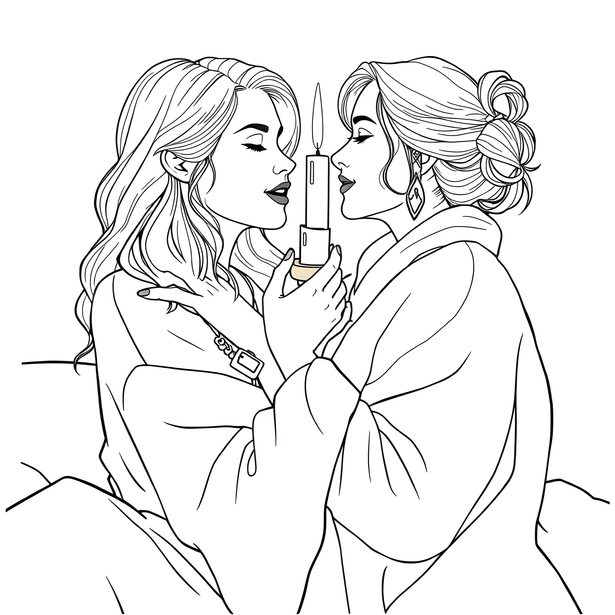 Women in intimate discussion Coloring Page (free black-and-white line drawing printable PDF for all, from beginners to advanced learners, including children, teens, adults, and seniors)