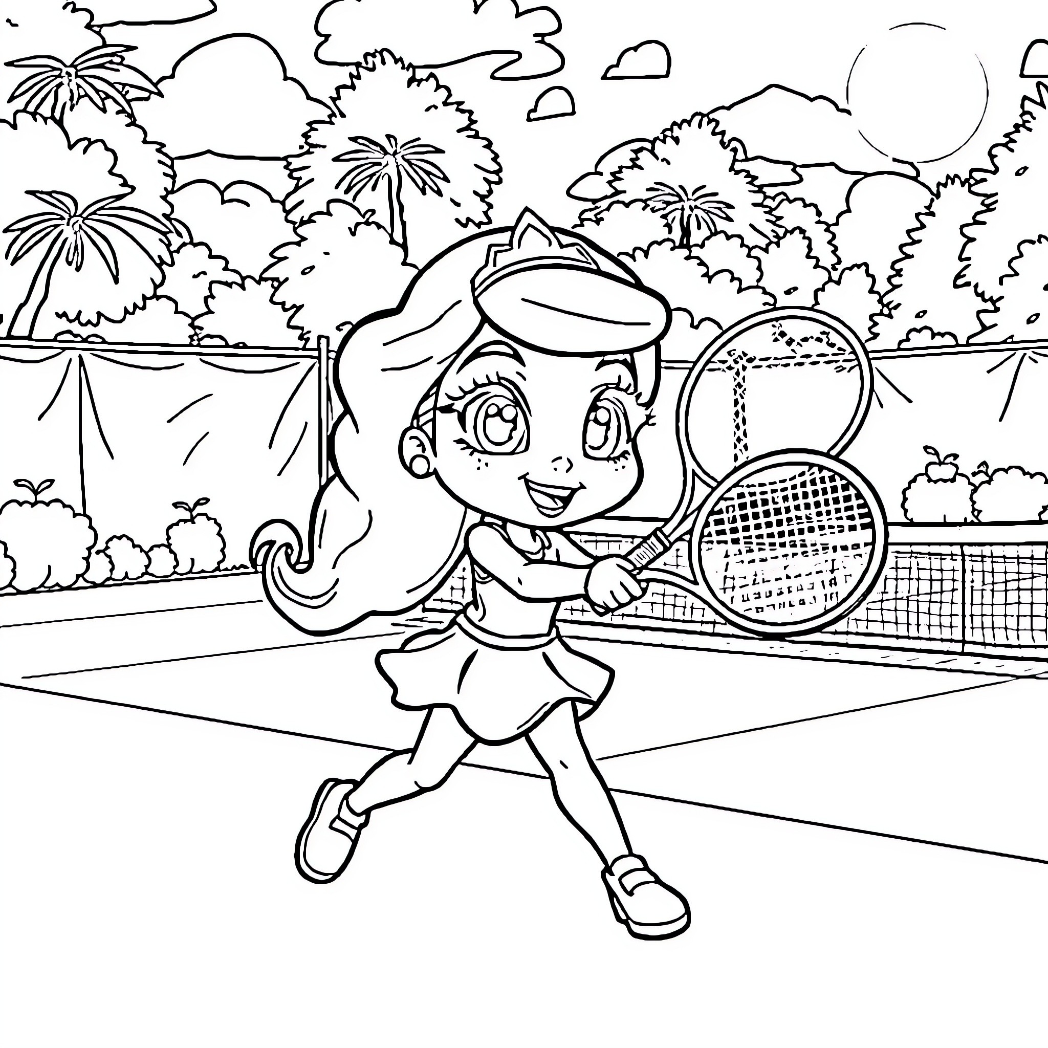 Sapphire's Energetic Tennis Match on the Court Coloring Page (free black-and-white line drawing printable PDF for all, from beginners to advanced learners, including children, teens, adults, and seniors)