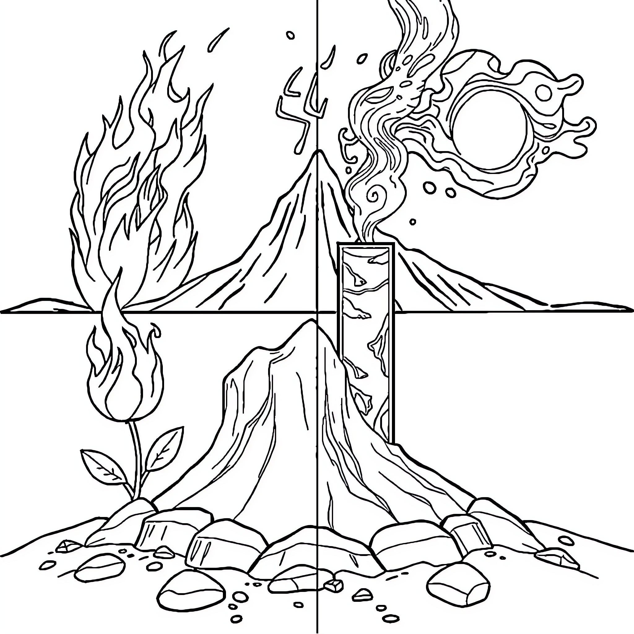 Element of Fire and Lava Eruption Coloring Page (free black-and-white line drawing printable PDF for all, from beginners to advanced learners, including children, teens, adults, and seniors)