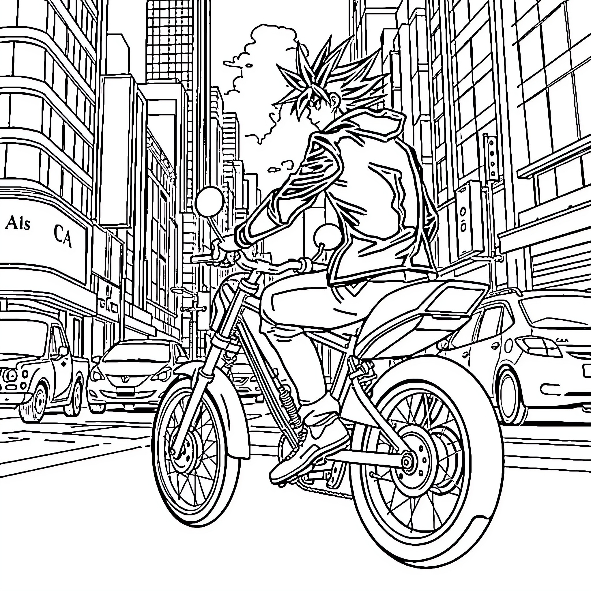 Yugi Moto riding a motorcycle through a busy city Coloring Page (free black-and-white line drawing printable PDF for all, from beginners to advanced learners, including children, teens, adults, and seniors)