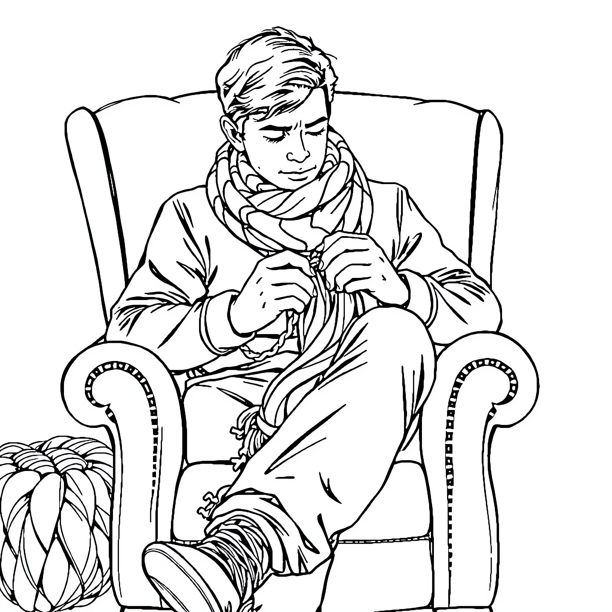 Jason sitting thoughtfully in armchair Coloring Page (free black-and-white line drawing printable PDF for all, from beginners to advanced learners, including children, teens, adults, and seniors)