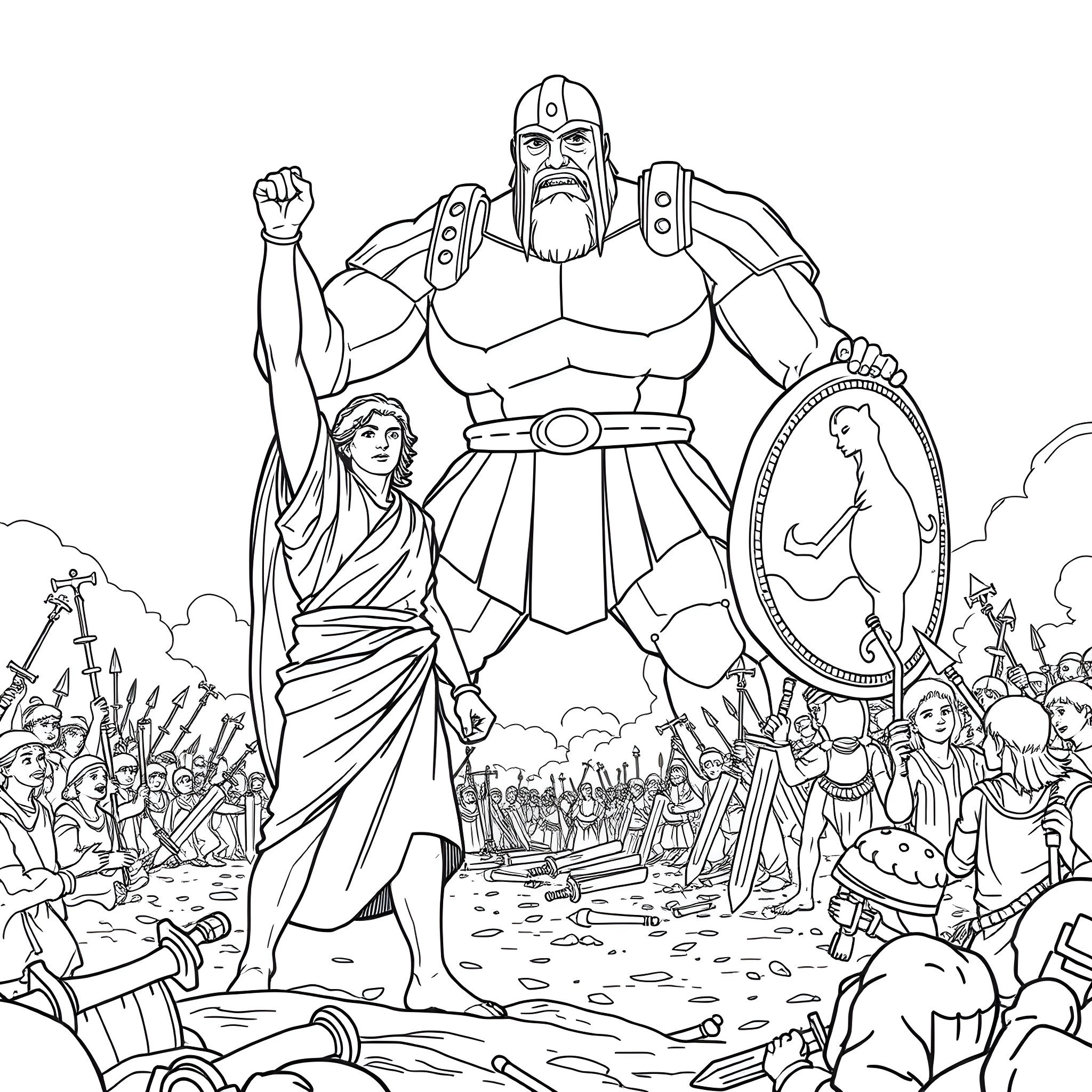 David's Triumph Over the Giant Goliath Coloring Page (free black-and-white line drawing printable PDF for all, from beginners to advanced learners, including children, teens, adults, and seniors)