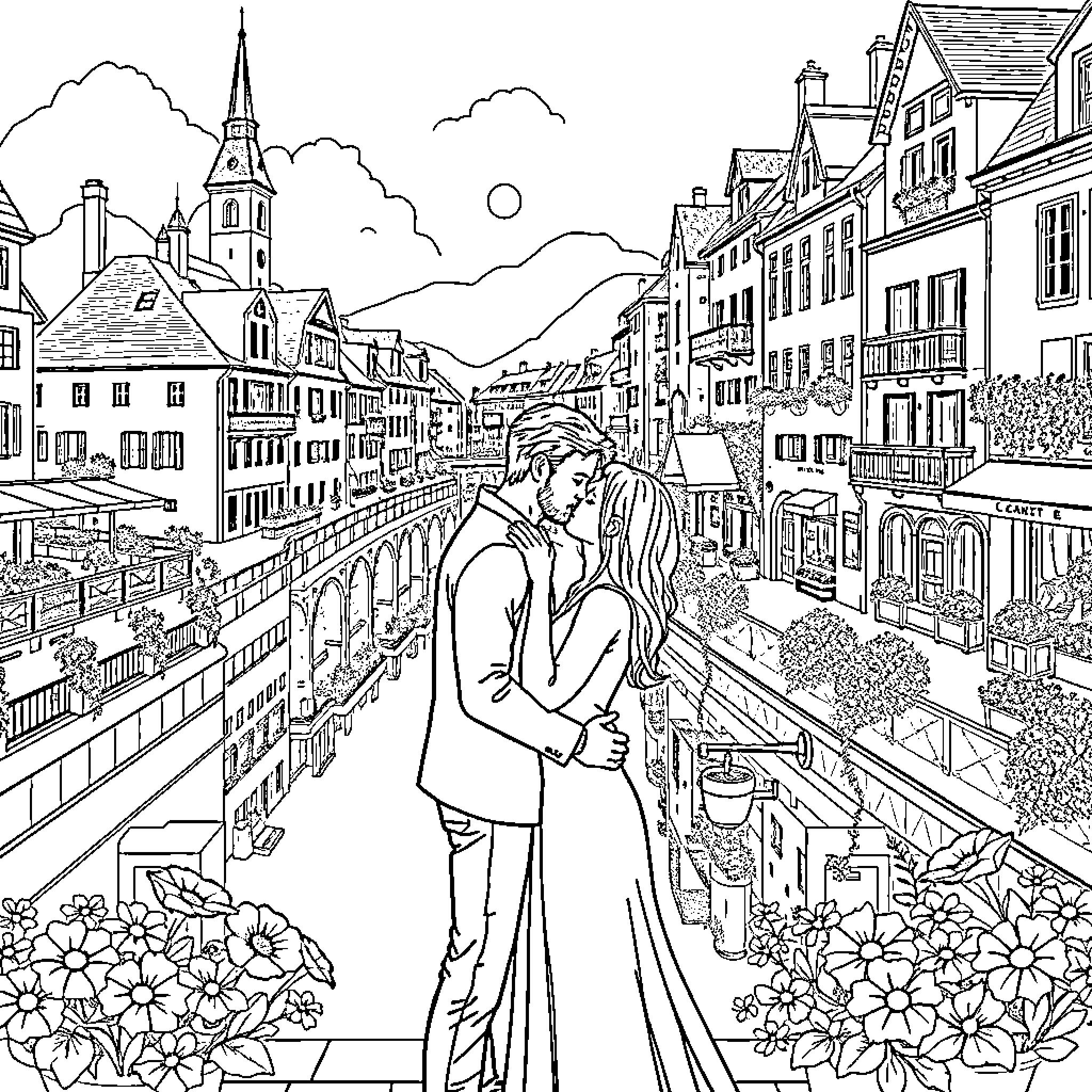 Couple embracing in European town setting Coloring Page (free black-and-white line drawing printable PDF for all, from beginners to advanced learners, including children, teens, adults, and seniors)