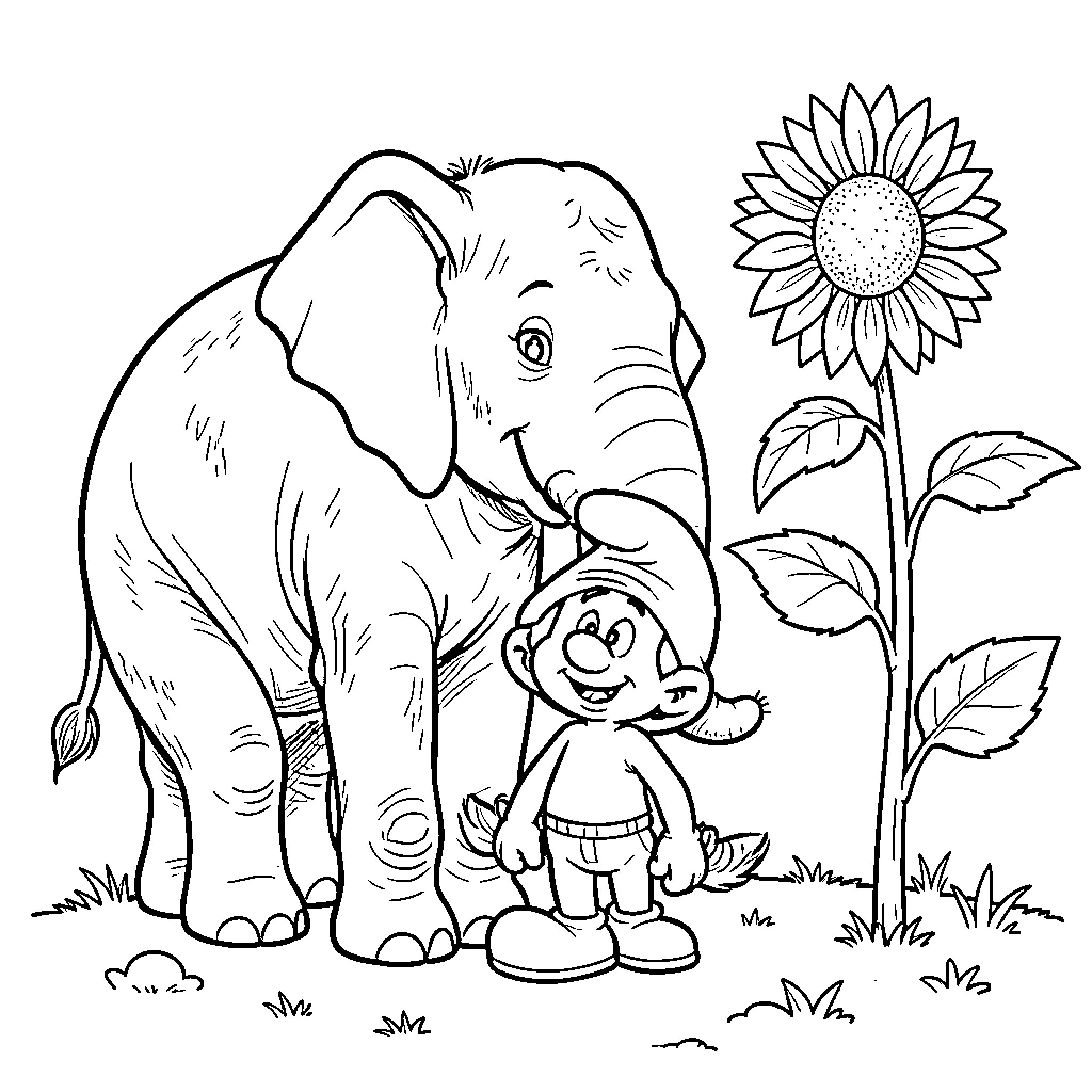 Smurf and Elephant Explore Nature Together Coloring Page (free black-and-white line drawing printable PDF for all, from beginners to advanced learners, including children, teens, adults, and seniors)