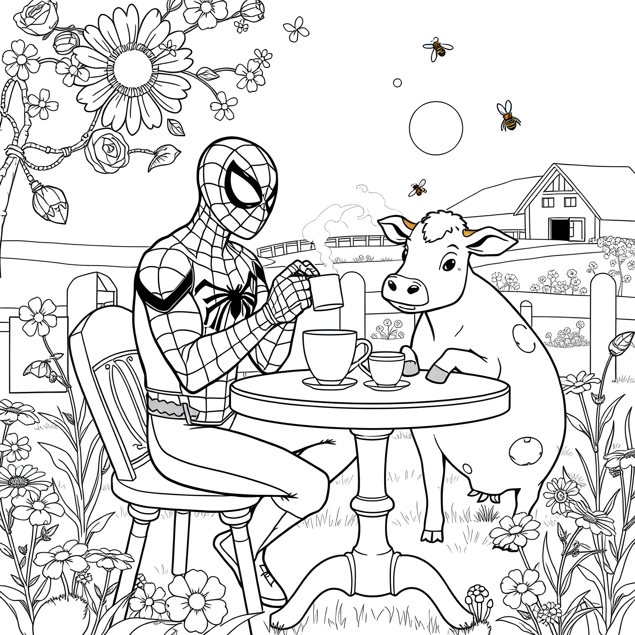 Spiderman Enjoys a Relaxing Day on the Farm Coloring Page (free black-and-white line drawing printable PDF for all, from beginners to advanced learners, including children, teens, adults, and seniors)