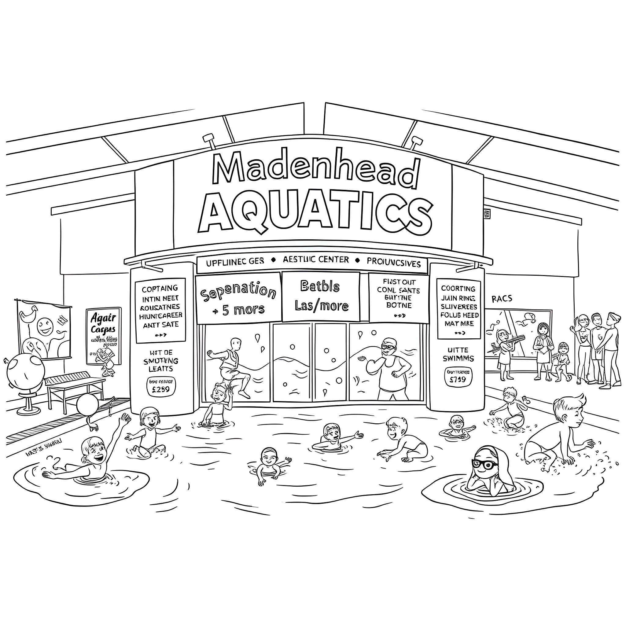 Aquatics center offering swimming and recreational activities Coloring Page (free black-and-white line drawing printable PDF for all, from beginners to advanced learners, including children, teens, adults, and seniors)