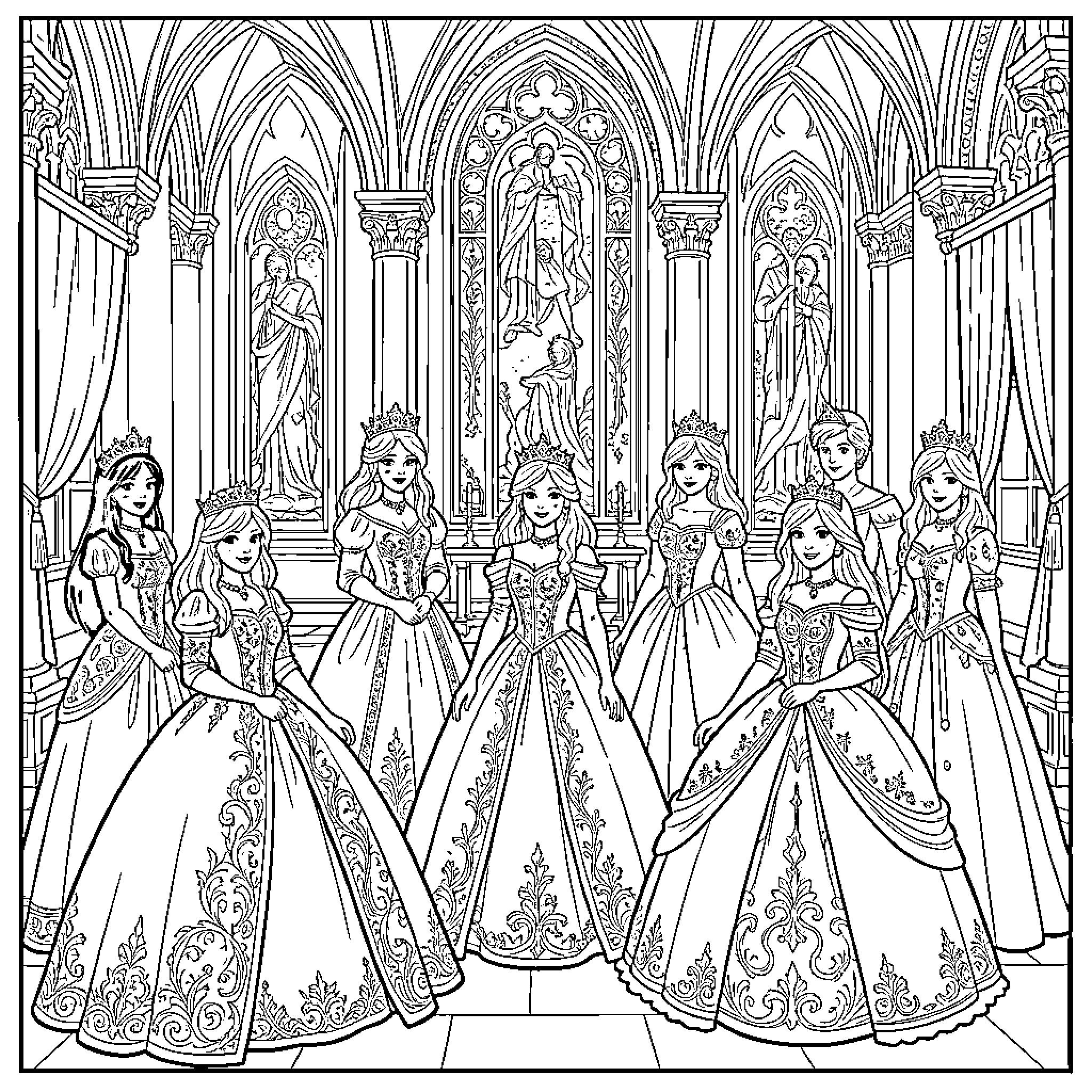 Princesses posing together in a grand palace hall Coloring Page (free black-and-white line drawing printable PDF for all, from beginners to advanced learners, including children, teens, adults, and seniors)