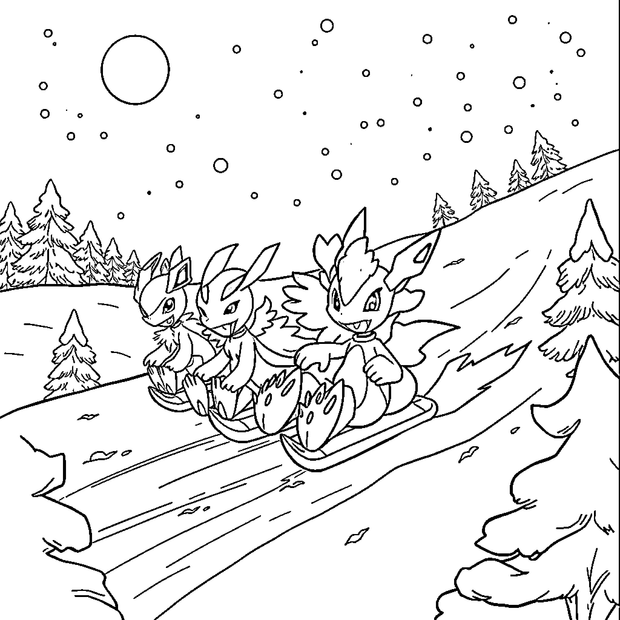 Digimon characters sledding in the snowy mountains Coloring Page (free black-and-white line drawing printable PDF for all, from beginners to advanced learners, including children, teens, adults, and seniors)
