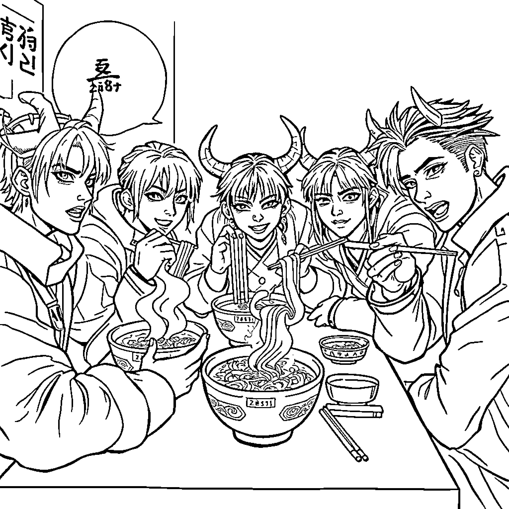 Kpop Demon Hunters Enjoy Meal Together Coloring Page (free black-and-white line drawing printable PDF for all, from beginners to advanced learners, including children, teens, adults, and seniors)