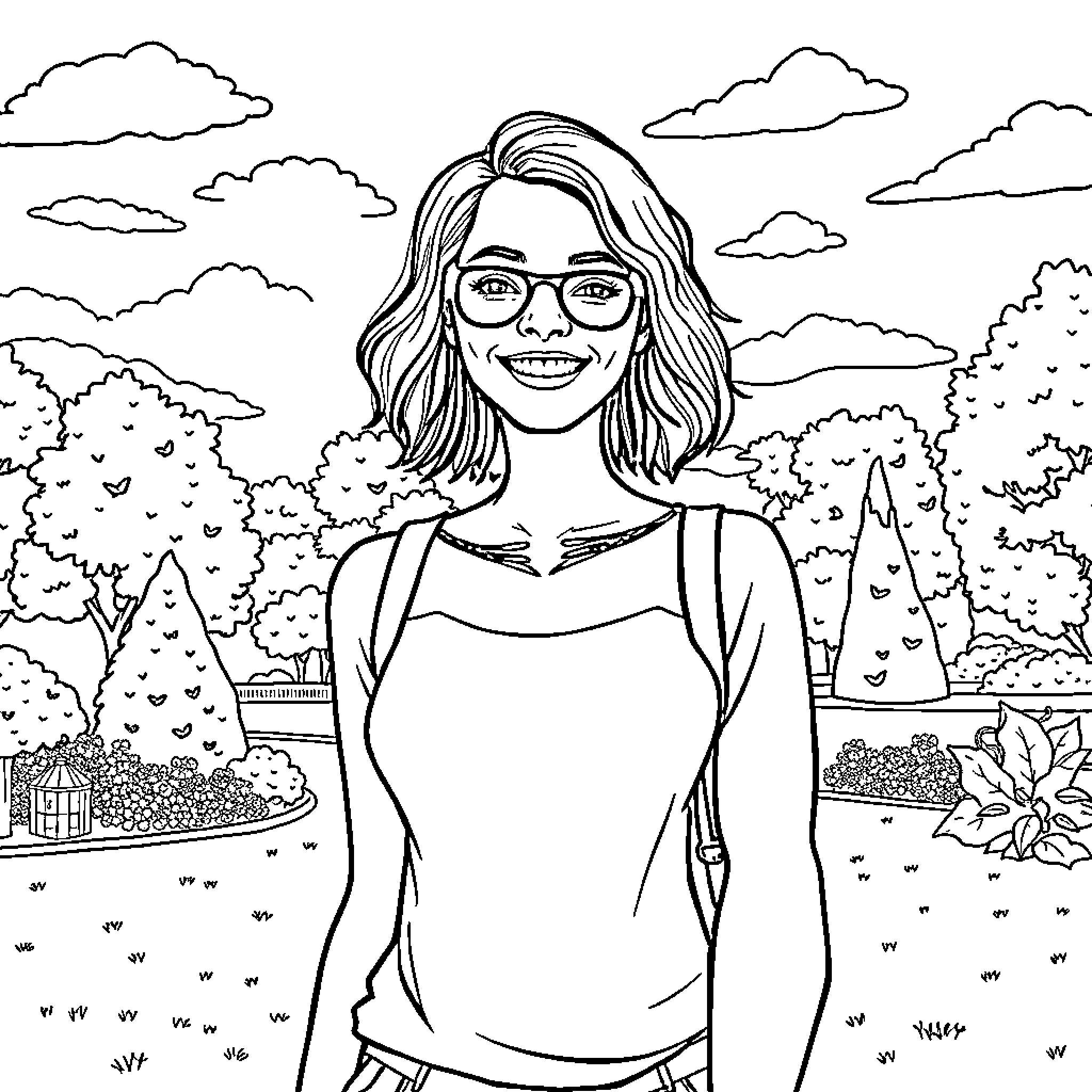 You Smiling in the Outdoor Garden Coloring Page (free black-and-white line drawing printable PDF for all, from beginners to advanced learners, including children, teens, adults, and seniors)