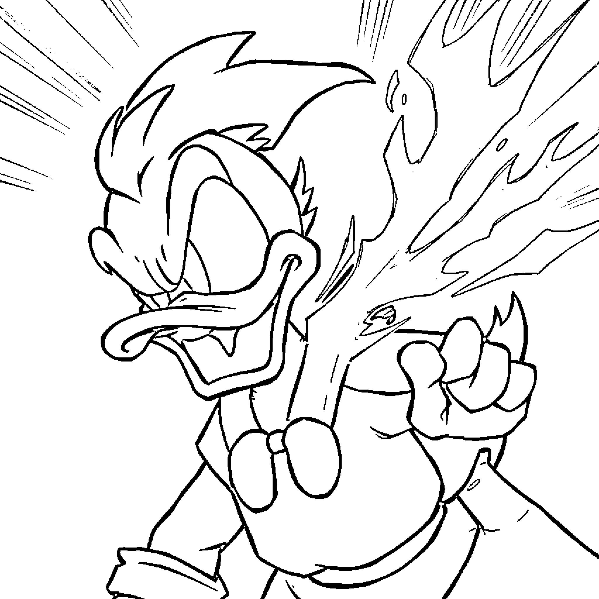 Donald Duck in a hurried, energetic pose Coloring Page (free black-and-white line drawing printable PDF for all, from beginners to advanced learners, including children, teens, adults, and seniors)
