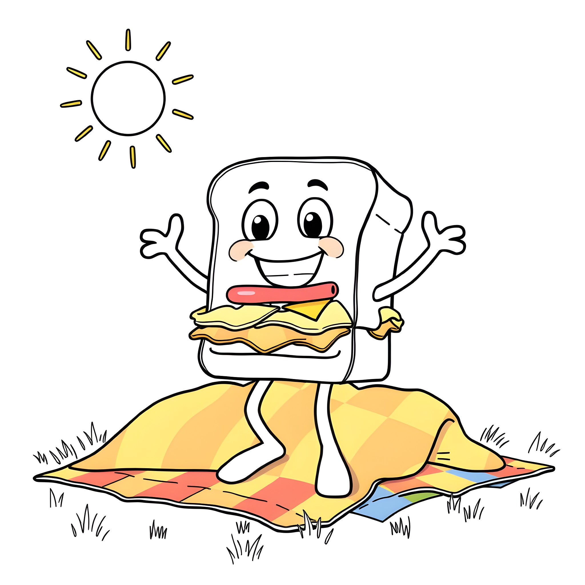 Sandwich character enjoying sunny day outdoors Coloring Page (free black-and-white line drawing printable PDF for all, from beginners to advanced learners, including children, teens, adults, and seniors)