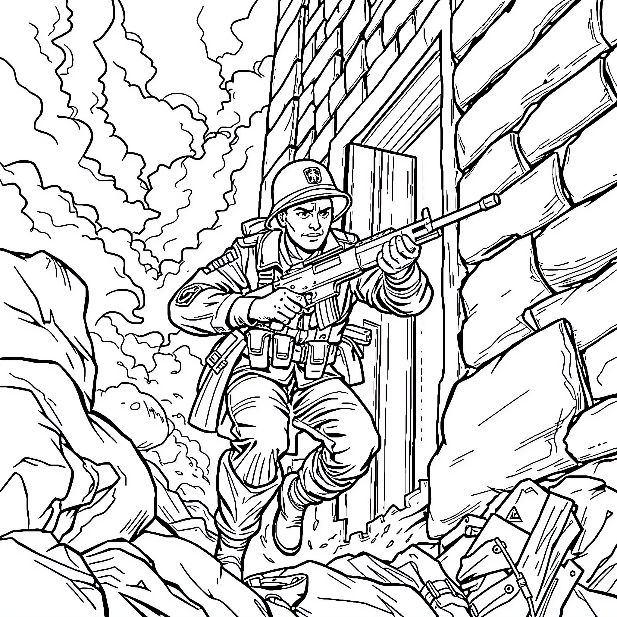 Ranger battles enemy in war-torn environment Coloring Page (free black-and-white line drawing printable PDF for all, from beginners to advanced learners, including children, teens, adults, and seniors)
