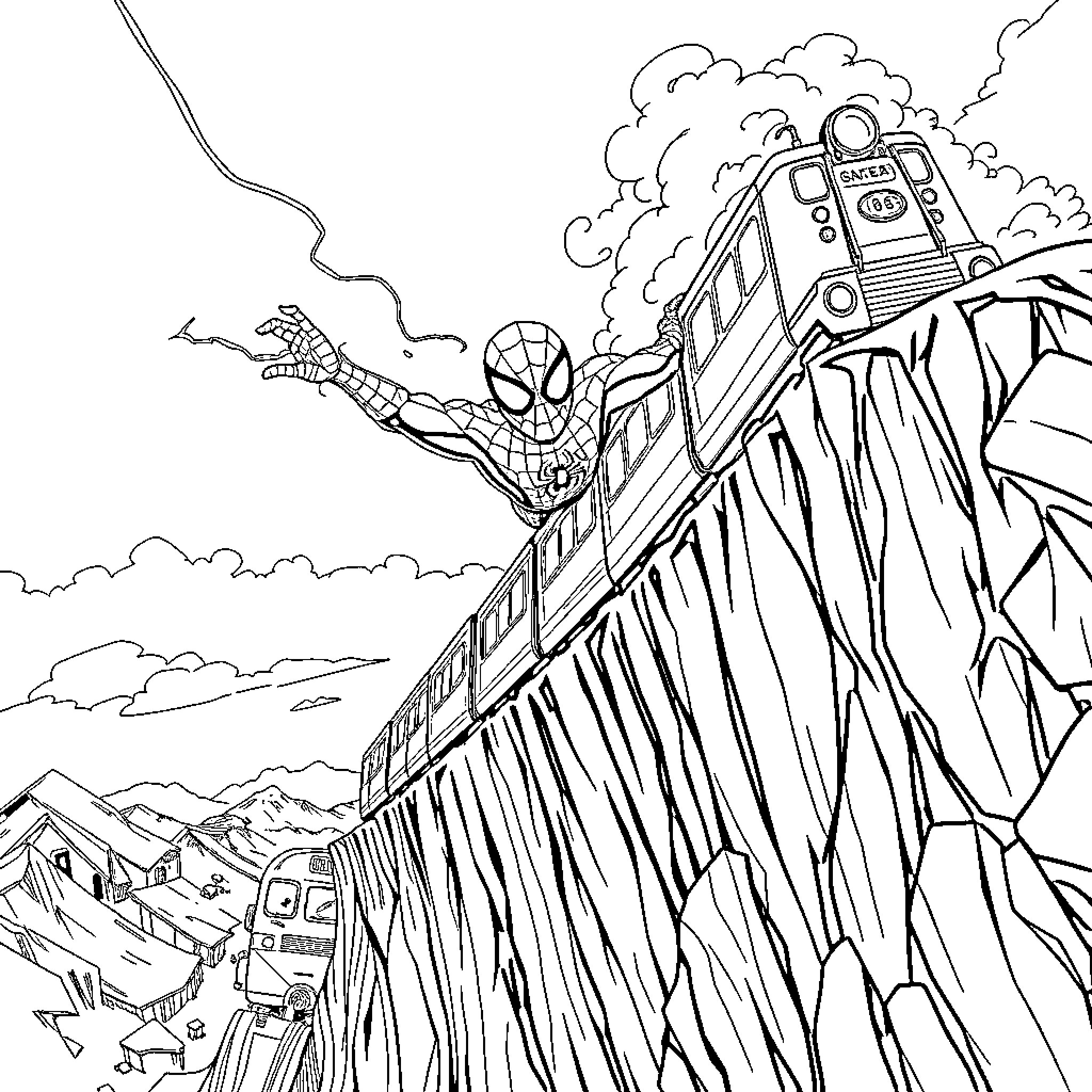 Spiderman swinging above a train in an action-packed scene Coloring Page (free black-and-white line drawing printable PDF for all, from beginners to advanced learners, including children, teens, adults, and seniors)