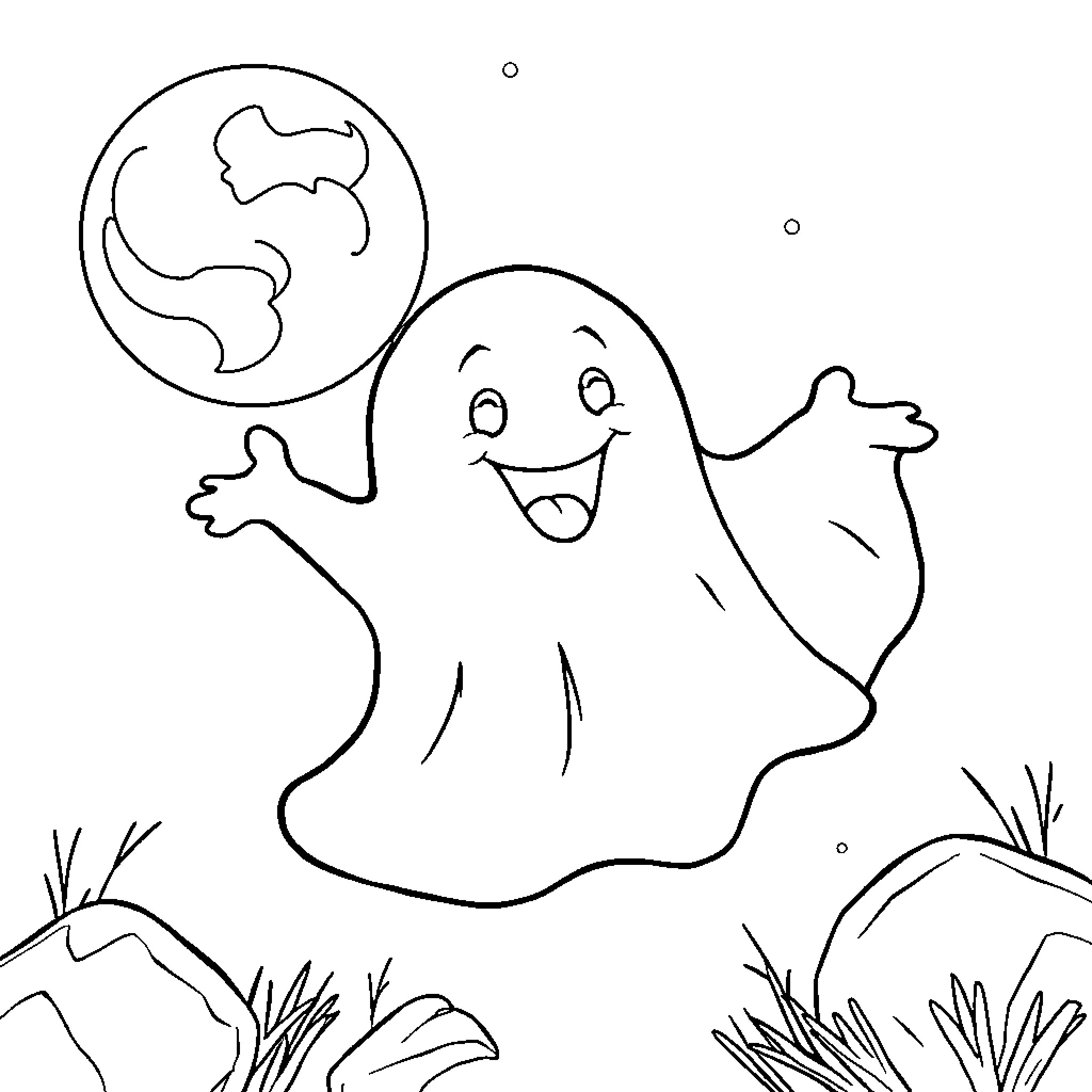 Ghost cheerfully floating in the night Coloring Page (free black-and-white line drawing printable PDF for all, from beginners to advanced learners, including children, teens, adults, and seniors)
