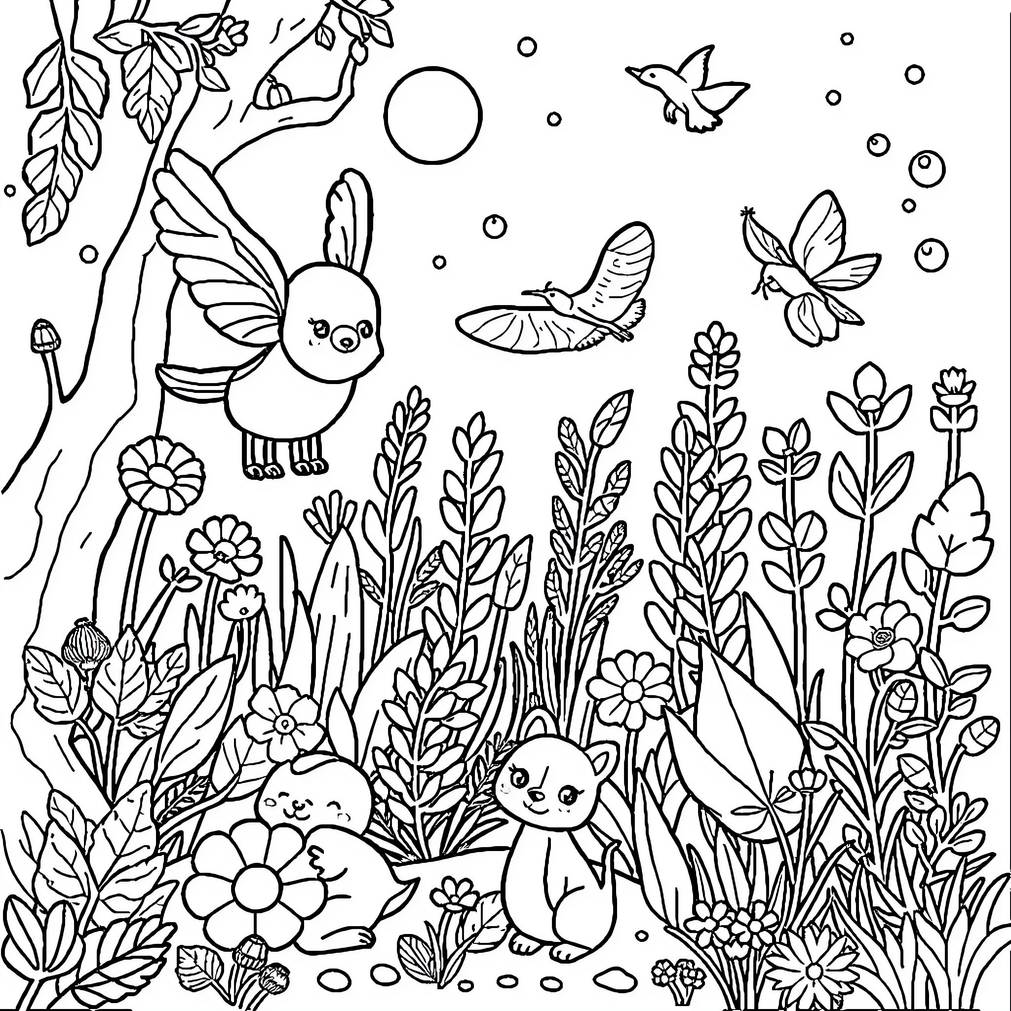 Nature filled with whimsical creatures and blooming flowers Coloring Page (free black-and-white line drawing printable PDF for all, from beginners to advanced learners, including children, teens, adults, and seniors)