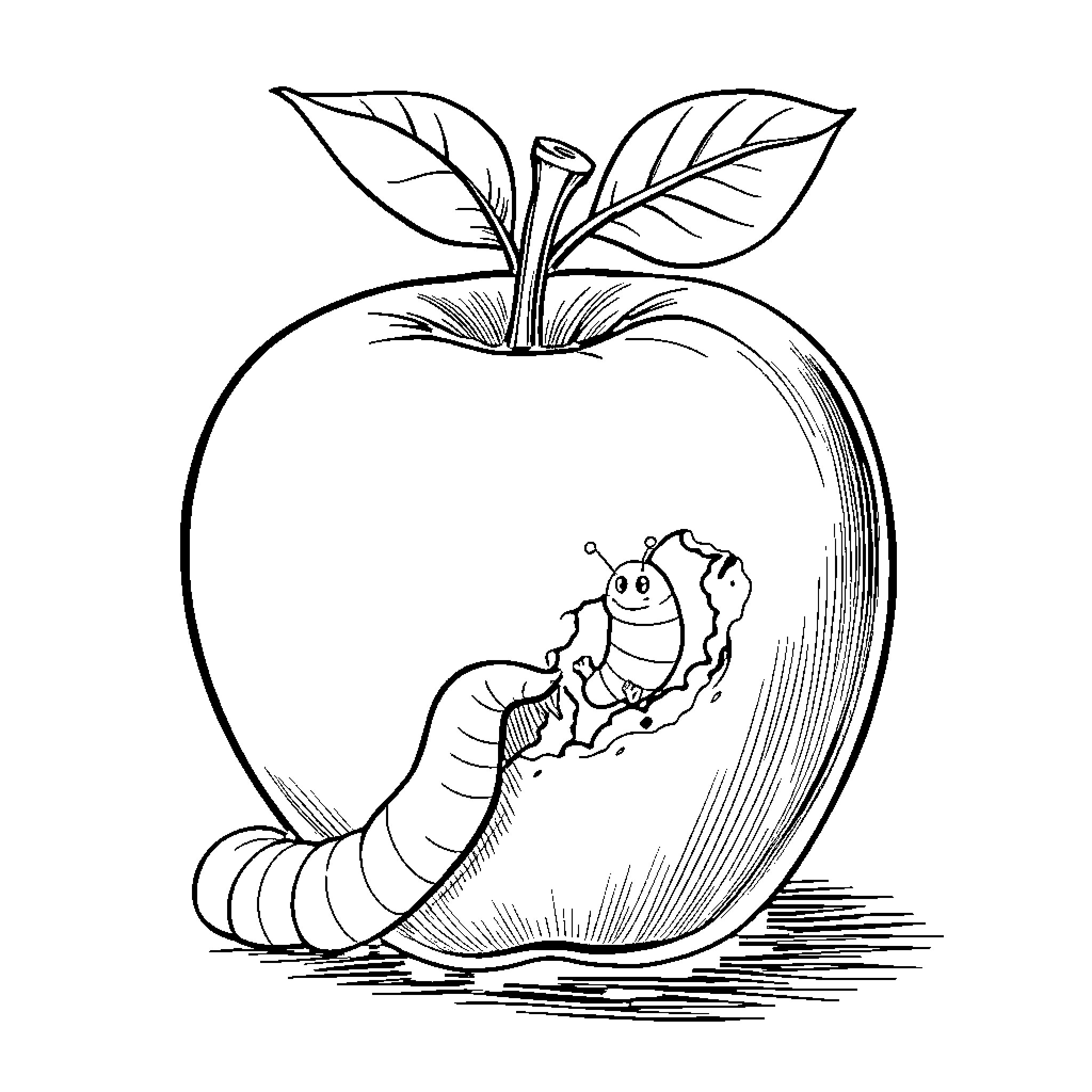 Apple with a Worm Crawling Inside Coloring Page (free black-and-white line drawing printable PDF for all, from beginners to advanced learners, including children, teens, adults, and seniors)