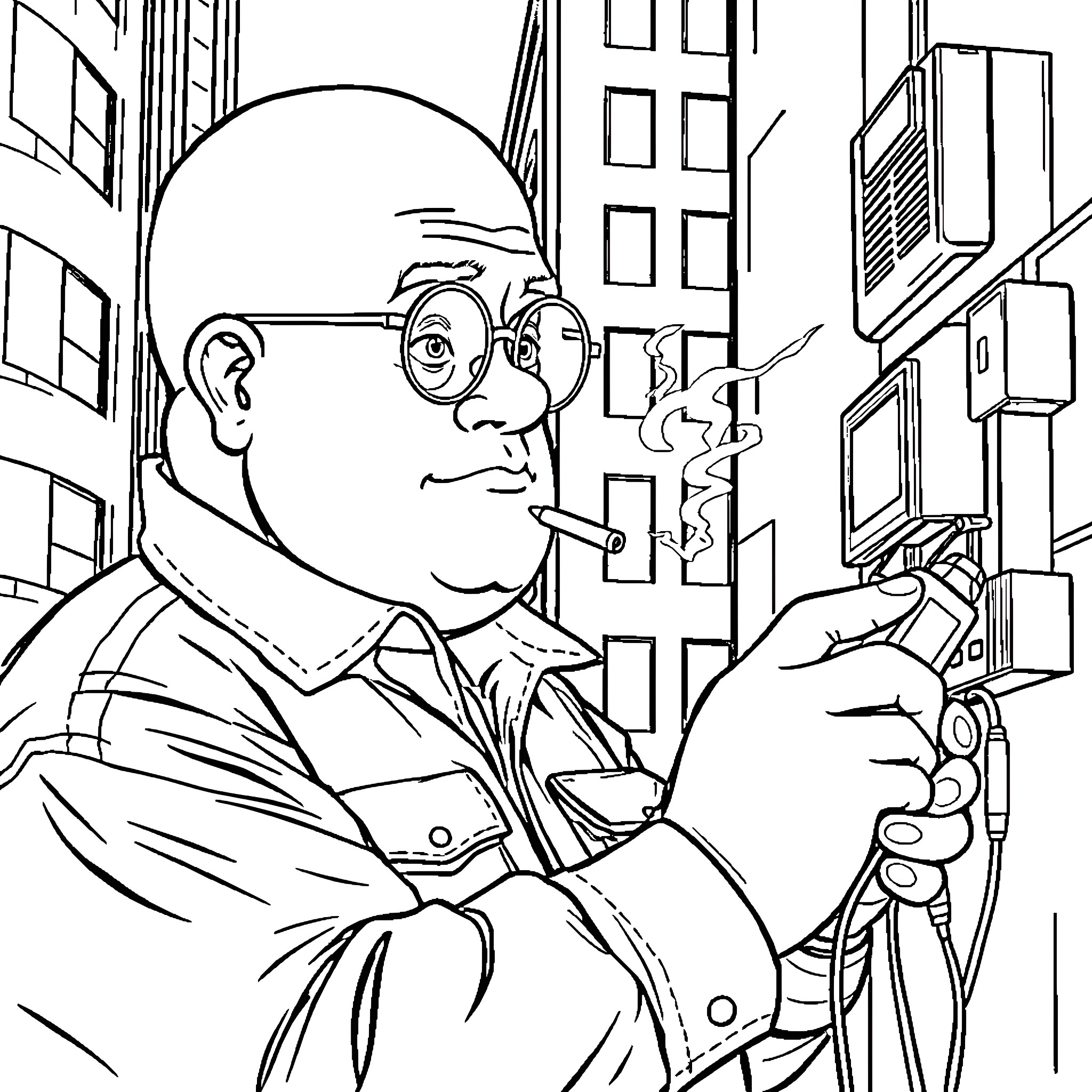 Fire Alarm Technician Inspecting and Repairing Fire Alarm System Coloring Page (free black-and-white line drawing printable PDF for all, from beginners to advanced learners, including children, teens, adults, and seniors)
